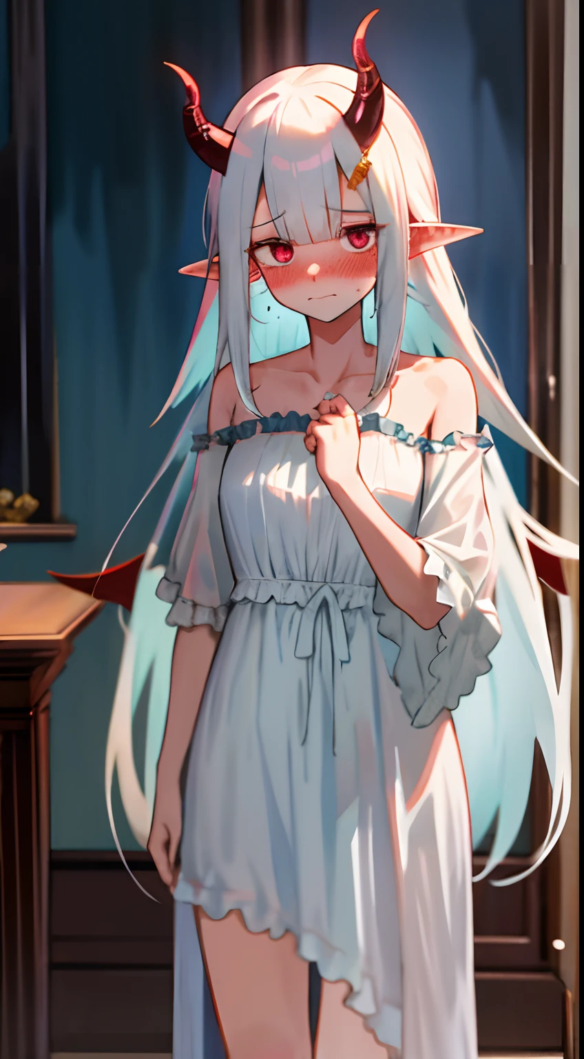 One girl with long hair, white hair, looking at viewer, embarrassed, blushing, indoor , oversized naked night gown, thigh, pointy ears, demon wings, demon king, demon horn, standing
