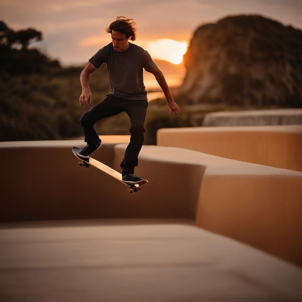Skateboarder doing a frontside air beneath the sunset with the beach in the background