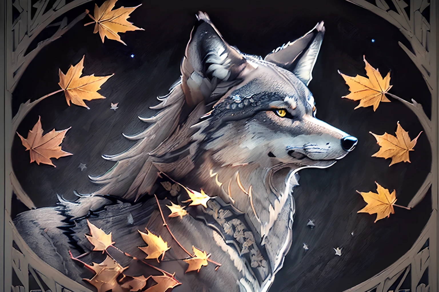 (((ash gray wolf and maple leave of intricate delicate drawing:1.3))), ((oil painting:1.2)), (((matte paint illustration))), (gel ink of stunningly detailed beauty maple leave illustration:1.3), (grace maple leaves:1.1), (fire back maple leaves:1.1), (extremely majestic maple leaves:1.2), (elegant maple leaves:1.1), (beautiful shine maple leaves:1.1), majesty landscape, (intimidating maple leaves:1.1), (awe maple leaves:1.1), (cute maple leaves:1.1), (flavor maple leaves:1.1), (majestic details:1.1), ((alternative beautiful glowing of a hazy moon night, awe various stars)), stone block road, neuron stone block, beautiful detail glow, (high contrast:1.3), digital coloring, (intricate detail texture:1.3), (intricate insane details:1.2), neo baroque style, glowing cat eyes, (ultra real:1.2), (true masterpiece:1.3), (sharp render:1.1), (intricate detail lighting of be whirled up maple leaves:1.3), (ultra quality:1.2), zen inspired,