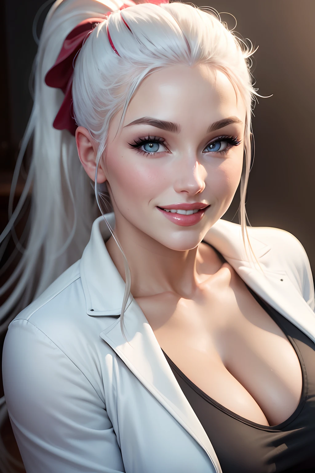 lucy pinder, face portrait, face, red lipstick, smiling, platinum hair, straight hair, ponytail, light blue t-shirt, white coat, chubby woman.