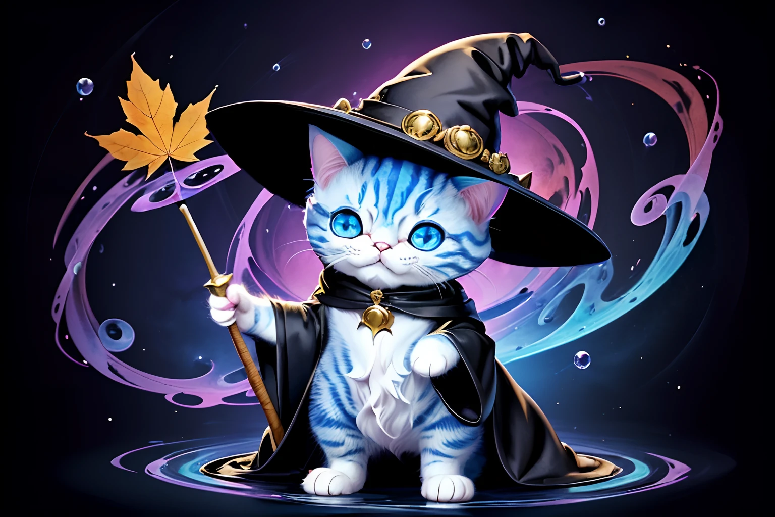 (standing deformed character of pop fantasy ridiculously absurdly cute cat:1.3), witch hat, black robe, magic wand, (swirling vortexes of maple leave:1.2), (so cute:1.3), fantasy sticker illustration, water color, highly quality, detail, texture, official, feral wildlife background, impeccable quality, ultimate quality,