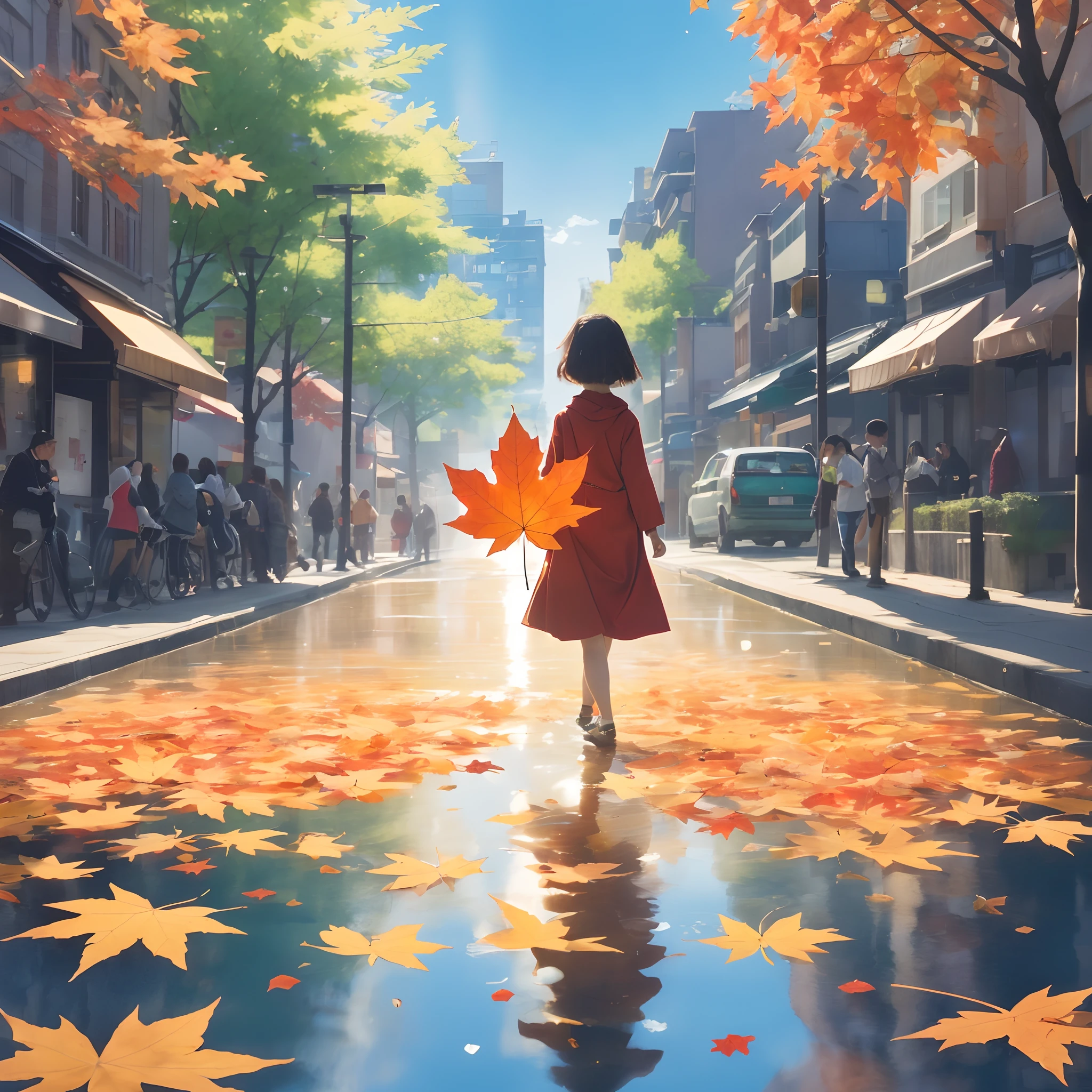 In this ethereal fine art photo, A maple leaf suspended in mid-air, Frozen in moments of exquisite beauty. The photographer's clever handling of light and shadow creates a surreal atmosphere, evoking a sense of magic and wonder. Composition utilizes negative space, Allow the leaves to be the focal point of the image. Famous fine art photographer Brooke Didonato(Brooke DiDonato)Subtly captures the ephemeral and poetic nature of this floating maple leaf,Photorealsitic,Background bokeh, in red,Streets with water,blue-sky,Ray traching,dingdall effect