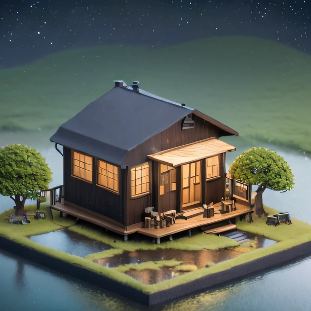 Telephoto vista holiday home(CG 8k wallpaper extremely detailed, Masterpiece, Best quality, Ultra-detailed), (better lighting, better shade）（Very nice and beautiful wood grain), Floating, High saturation, Dynamic Angle, ((A quaint youth hostel)), Camping sites，Gorgeous, ningguangrnd(deep in the night) Telephoto vista，Telephoto vista，Telephoto Vista Campground