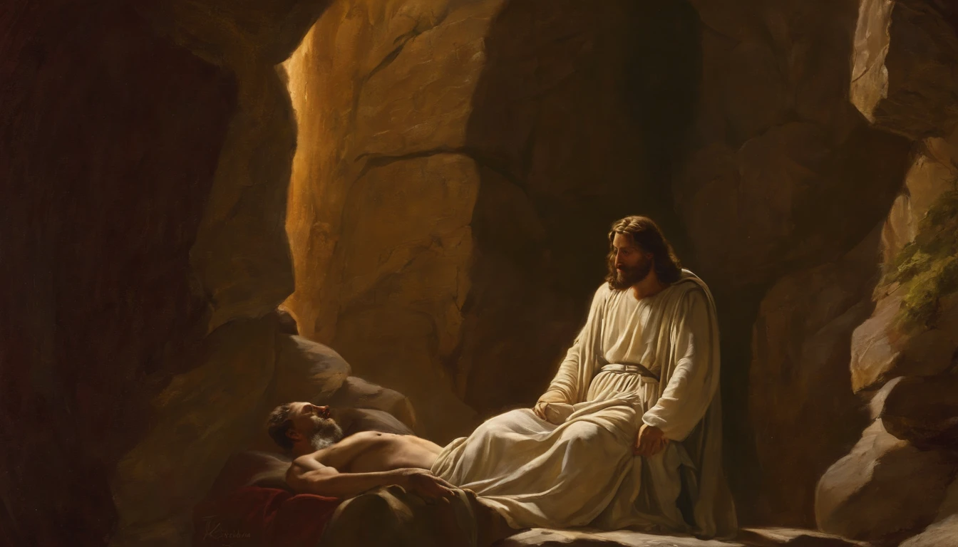 Painting of Jesus holding the body of a man in a mountain landscape, Biblical Painting, Biblical imagery, Epic biblical depictions, Biblical Art, Biblical illustrations, Moses, making: Friedrich Gauermann, in door : Georg Scholz, in door : Gregorius Sickinger, in door : Julius Exner, making: Karel Štěch, The Ancient Bible, in door : Cristofano Allori
