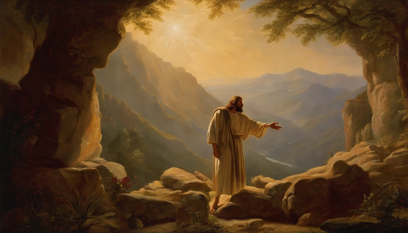 Painting of Jesus holding the body of a man in a mountain landscape, Biblical Painting, Biblical imagery, Epic biblical depictions, Biblical Art, Biblical illustrations, Moses, making: Friedrich Gauermann, in door : Georg Scholz, in door : Gregorius Sickinger, in door : Julius Exner, making: Karel Štěch, The Ancient Bible, in door : Cristofano Allori