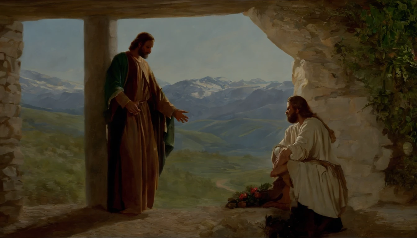 Painting of Jesus holding the body of a man in a mountain landscape, Biblical Painting, Biblical imagery, Epic biblical depictions, Biblical Art, Biblical illustrations, Moses, making: Friedrich Gauermann, in door : Georg Scholz, in door : Gregorius Sickinger, in door : Julius Exner, making: Karel Štěch, The Ancient Bible, in door : Cristofano Allori
