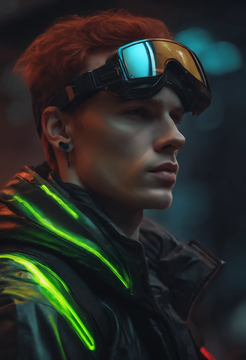 man, Portrait in cyberpunk style, Futuristic (neons: 1.1) Reflective wear, Science fiction. Altgern, Art Book, Illustration, ((dark environment)), ((Bennett)), ((nffsw)) ((Minimal palette of colors)), Soft tones, Soft colors, Faint color, Calm, Highly detailed pastel colors, Fancy Details Red Hair Game
