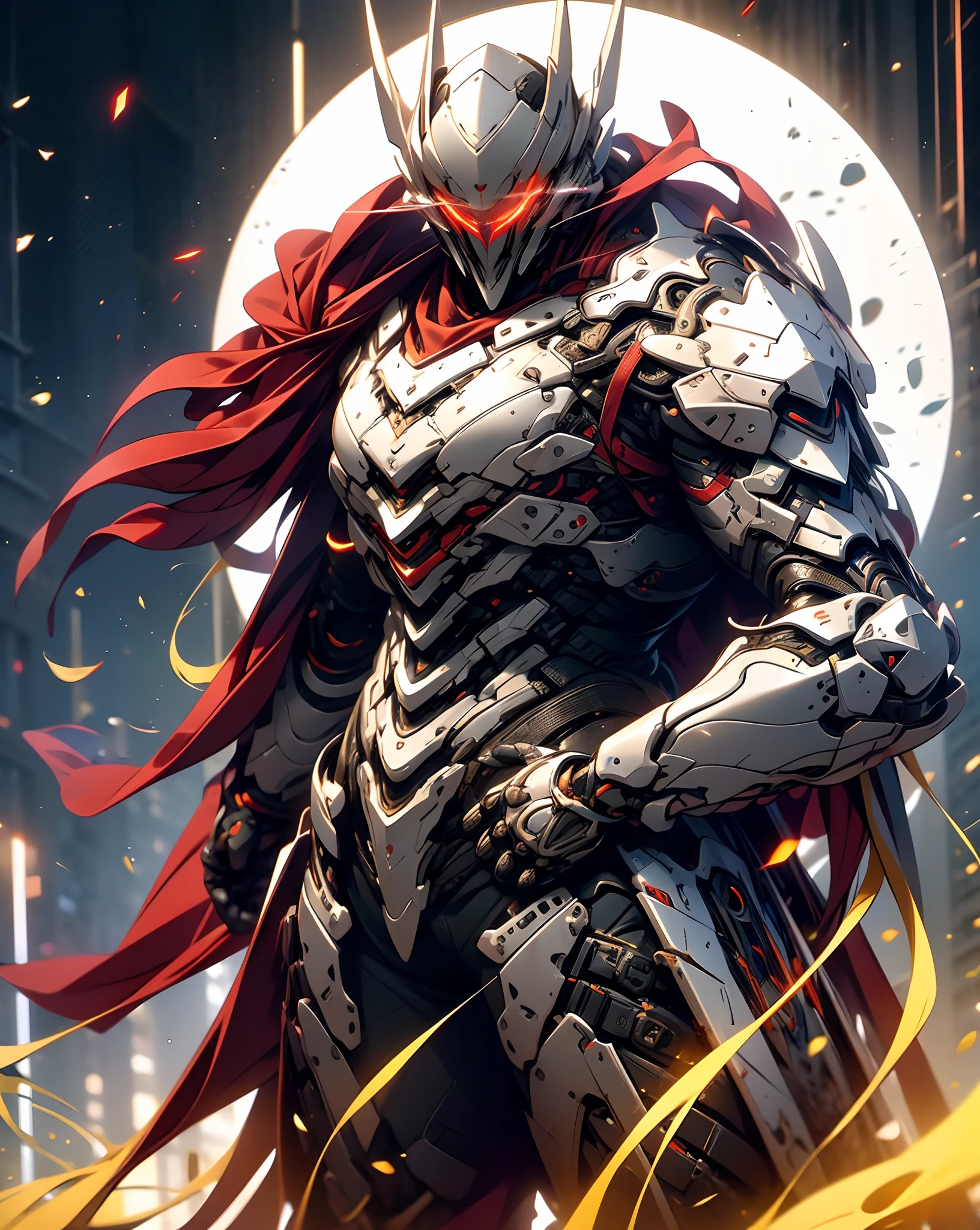 masterpiece, best quality, realistic,shiny,reflective,bioluminic, galactic cybernetic mask,galactic red-green mecha,(assassin:1.2), Robotic Knight, killing warrior pose, headdress,holding glowing red long sword,Galaxy,GlowingRunes_red,fullbody,cinemnatic,dark background,backlight,high contrast,arafed knight with a sword and a red cape in a city, style of raymond swanland, ares with heavy armor and sword, inspired by Raymond Swanland, black and red armor, gothic knight, knight armored in red, blood knight, unreal engine fantasy art, anthropomorphic raven knight, in style of james paick