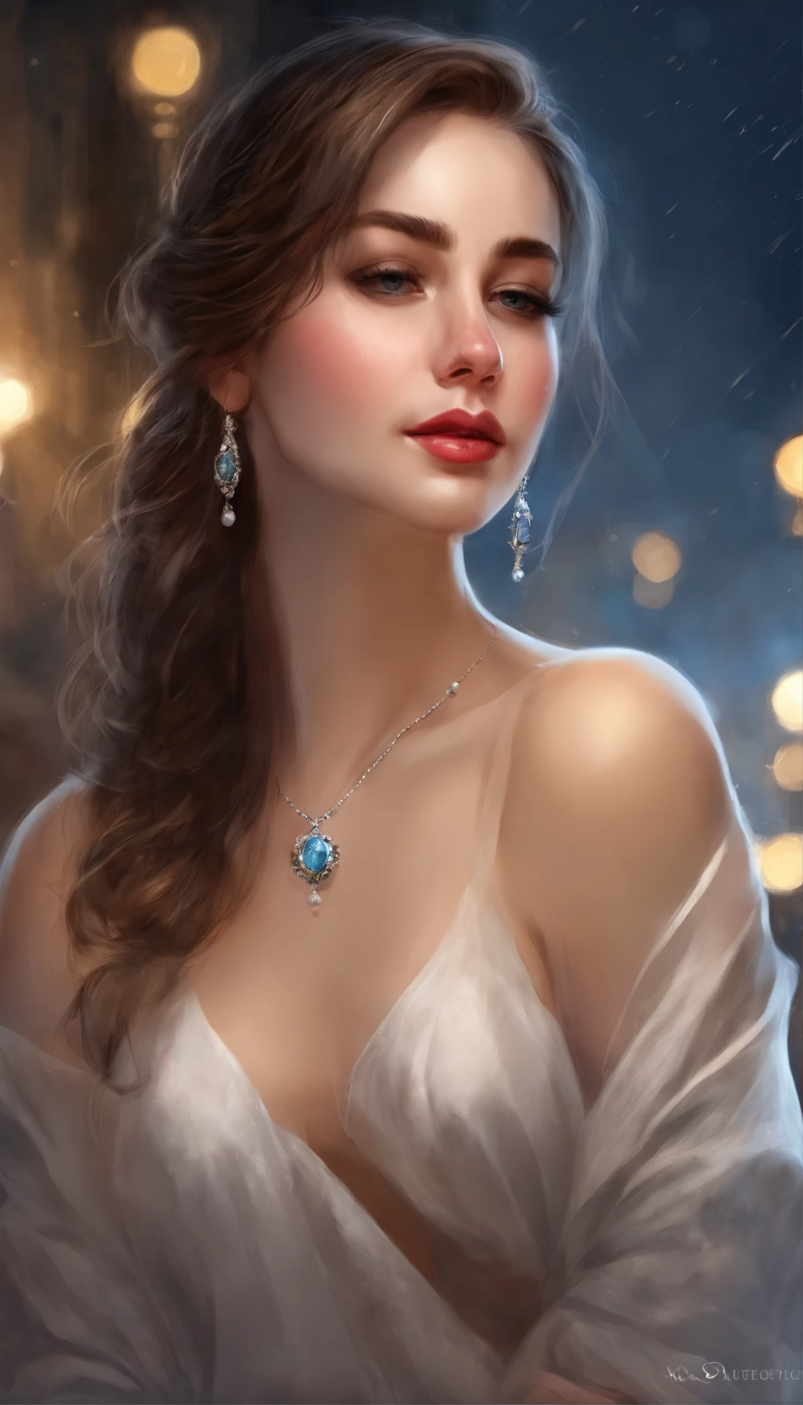 ((From below)), ((Full body)), ((Realistic)), (((Off-the-shoulder clothing))), randome pose, during night,  (extremely delicate and beautiful work), (masutepiece), 1girll, ((Sweaters, falda corta, Athletic Sneakers)), Highly detailed, Curly, Long whit hair, fascinated expression, Beautiful and clear eyes, Blue eye pupil, Delicate pearl necklace, Delicate earrings, Simple blurred background, extreme detail description, Beautiful, Charming, Ultra-fine painting, Delicate face, slim toned body, thin clavicle, Lovely lips, soft behind, mix4,(8K, Raw photo, Best Quality, masutepiece:1.2), ((Realistic)), Cityscape, Night, Rain, Wet, Professional Lighting, photon maping, Radio City, Physically-based rendering, (Correct hand), (anatomy correct),huge tit,エロ