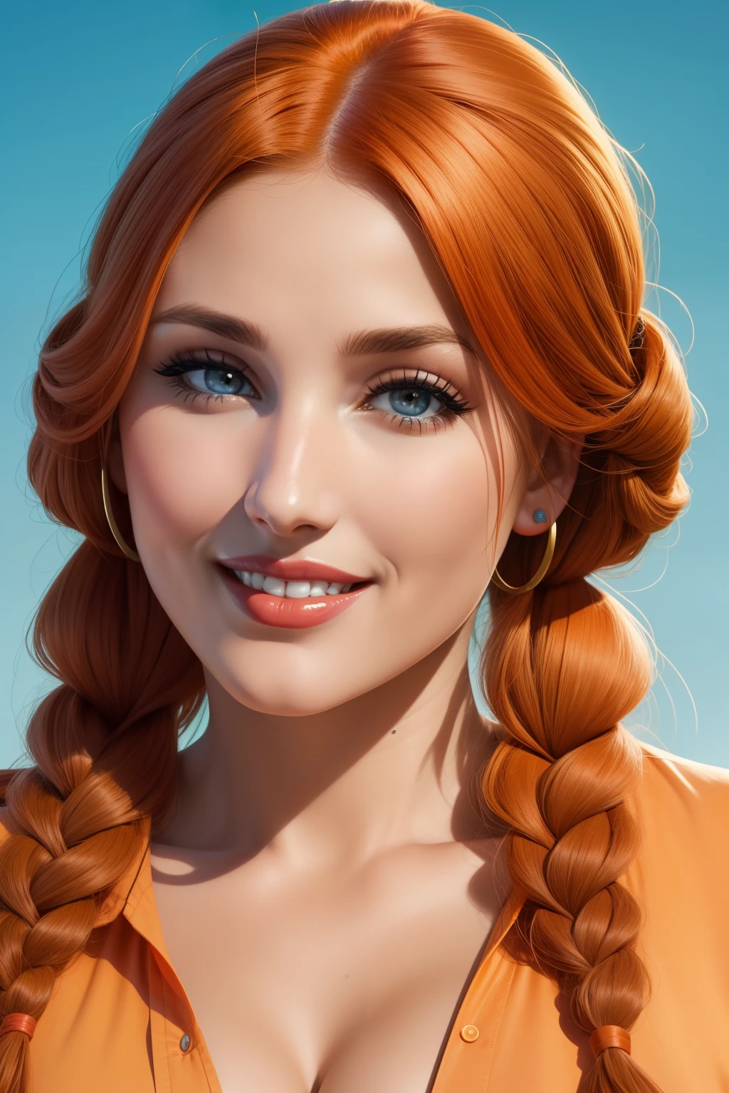 lucy pinder, face portrait, face, red lipstick, smiling, orange hair, straight hair, braids in hair, light blue blouse, chubby woman.