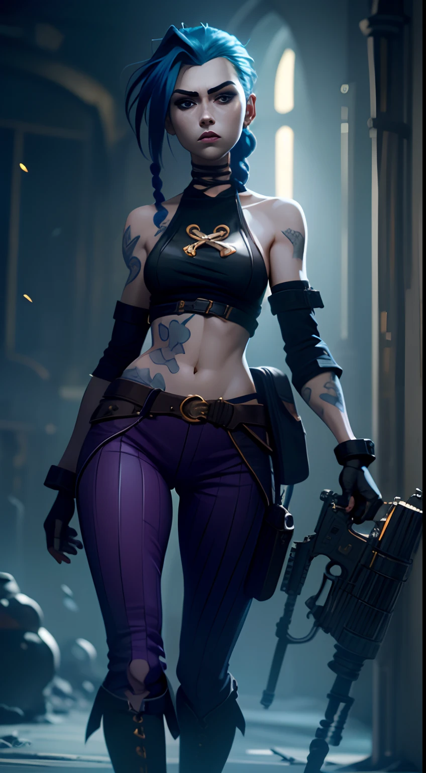 Jinx's character design, Holding a grenade launcher in the shape of a shark, crying, Hot Pink Tears, shoots, Screams, Explosions in the background, half naked, beautiful breasts, Sexy, Arcane's Jinx, sexypose, waves his hand, Pink glowing eyes, hairlong, hairsh, braided into long braids, Pigtails hang below the knee, Hair color changes from bright blue to navy blue, Dressed in brown breeches, Leather boots on the feet, Top with four gold circles on the chest in the middle of the chest, Blue cloud tattoos on shoulders and waist, Long bangs, hanging on the right side, Belt with cartridges on the belt, A pistol in a holster on his left leg, Arcane style, extremely detailed CG unity 8k wallpaper, detailed light, Cinematic lighting, chromatic aberration, glittering, expressionless, epic composition, dark in the background, Cherecter Desing, Very detailed, Detailed body, Vibrants, Detailed Face, sharp-focus, anime art, Vibrants, Detailed Face, Hugh Details, sharp-focus, Very drooping face, A detailed eye, super fine illustration, better shadow, finely detail, Beautiful detailed glow, Beautiful detailed, Extremely detailed, expressionless, epic composition, Presented at artstation, Octane Render, artstation hd, Cinematic, 4 thousand., hypermaximalist, elegant