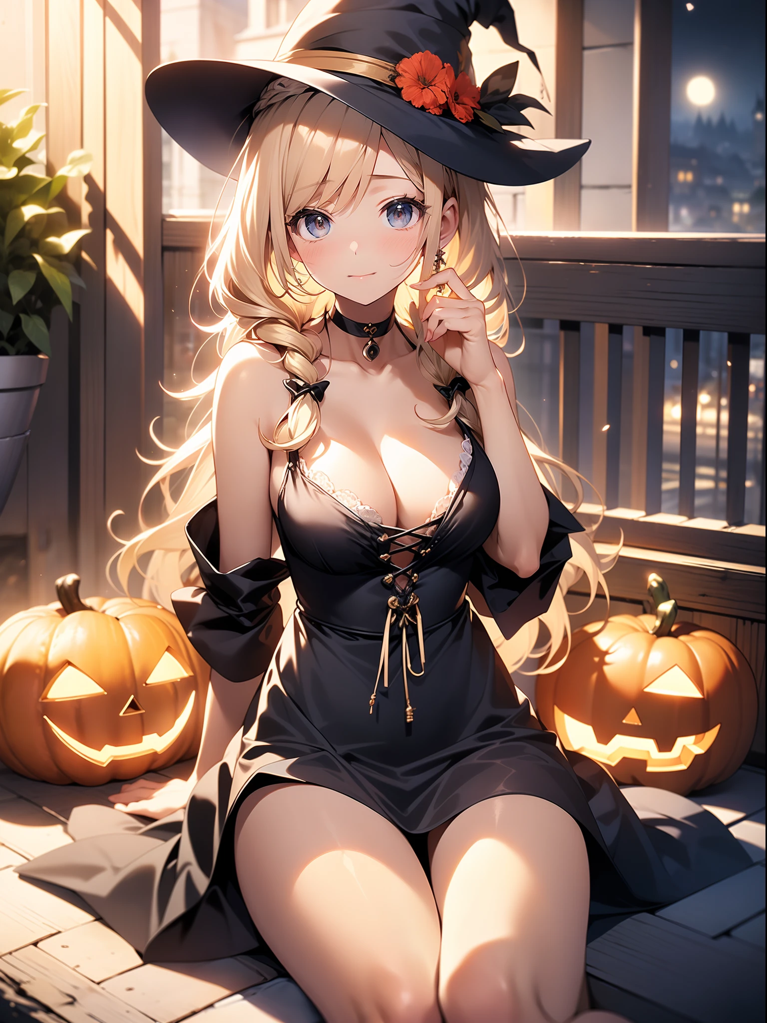 in 8K、top-quality、masterpiece、ultra-detailliert、Ultra-high resolution、((1 persons))、girl with、Halloween、((natta))、fullmoon、witch's hat、a blond、Braided hair、Black Dress、cleavage of the breast、bare shoulders、makeups、Church roof、Sit on the roof、White panties