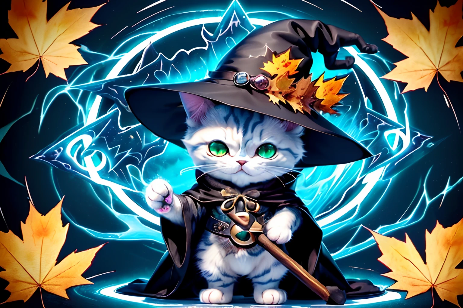 (standing deformed character of pop fantasy ridiculously absurdly cute cat:1.3), witch hat, black robe, magic maple leave wand, (swirling vortexes glow circle:1.1), (storm of maple leaves:1.4), (so cute:1.3), fantasy sticker illustration, water color, highly quality, detail, texture, official, feral landscape background detail, impeccable quality, ultimate quality, (intricate details:1.1), (absurdly adorable:1.2),