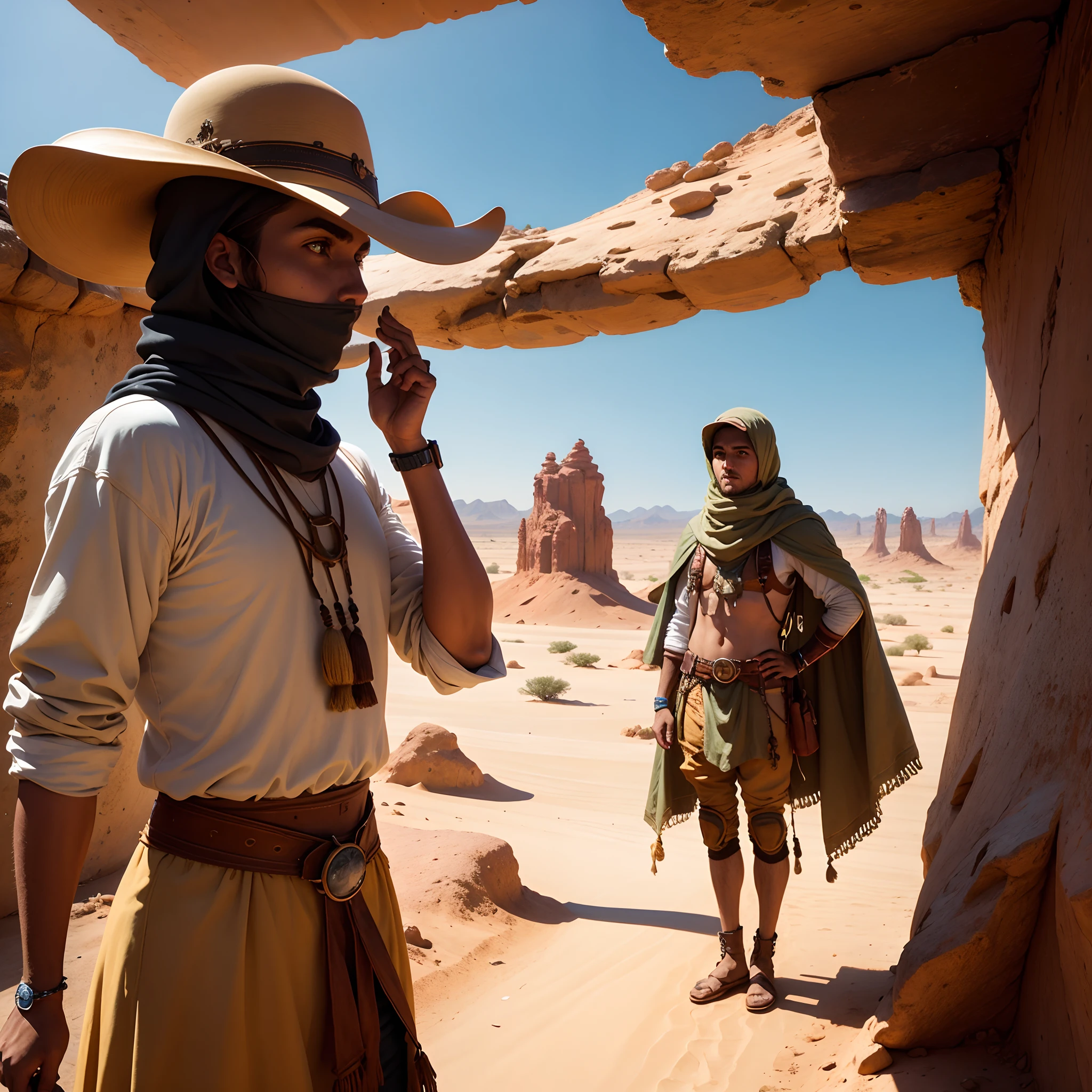 Exploradores en el desierto en una aldea entrevistando aldeanos