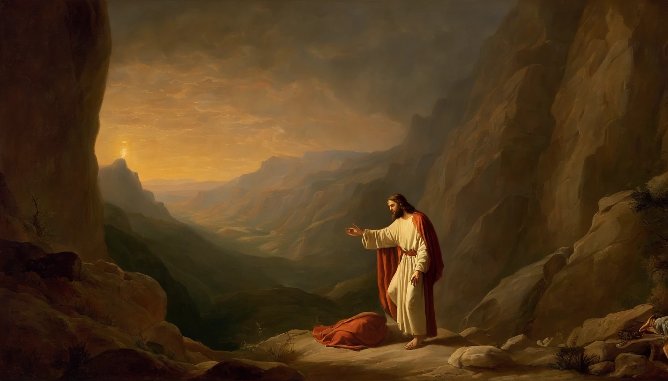 Painting of Jesus holding the body of a man in a mountain landscape, Biblical Painting, Biblical imagery, Epic biblical depictions, Biblical Art, Bible illustrations, Moses, making: Friedrich Gouermann(Friedrich Gauermann), in door : Georg Scholz, in door : Gregory Seekinger, in door : Julius Exner, making: Karel Stech, The Ancient Bible, in door : Cristofano Alori