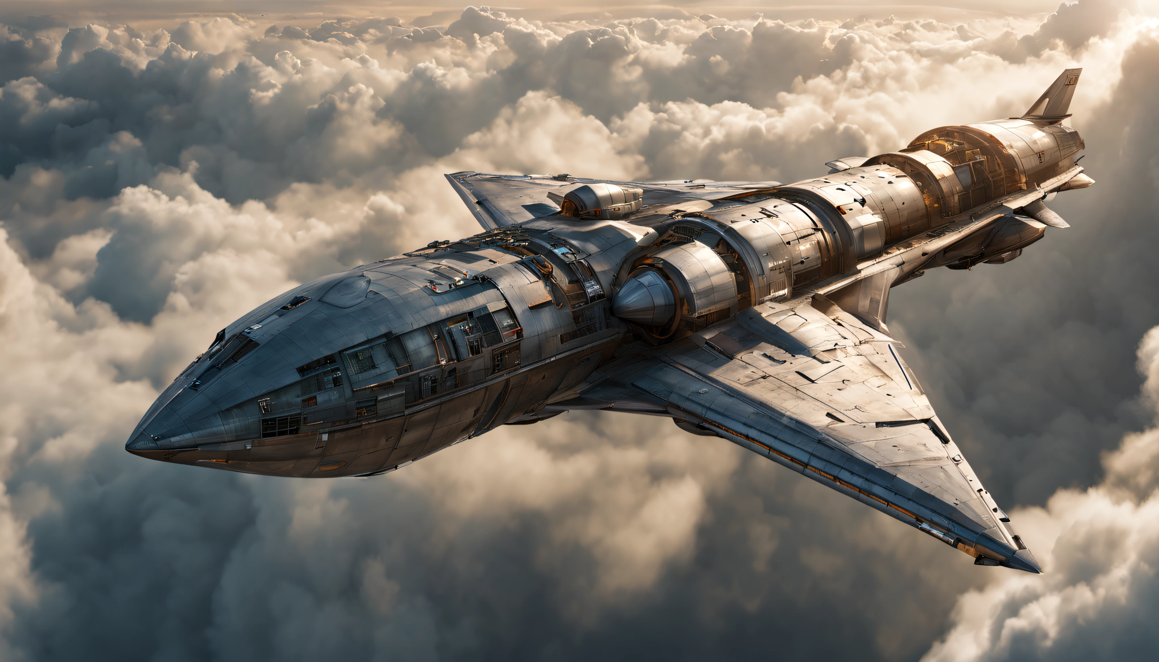 A massive, sci-fi long square shaped warship gliding through the clouds and rain, its 20 powerful jet engines propelling it forward with a futuristic grace, so many propellers, huge warship in sky, fairy airship, A breathtaking view from bottom-right, a futuristic warship with 20 jet engines, jet engines similar to drone, futuristic war in top of sky, heavily raining, daylight, fire and smoke, thunder flashing, apocalyptic, long body, smoke coming out of propeller, highly detailed, sun shining on it's metallic body