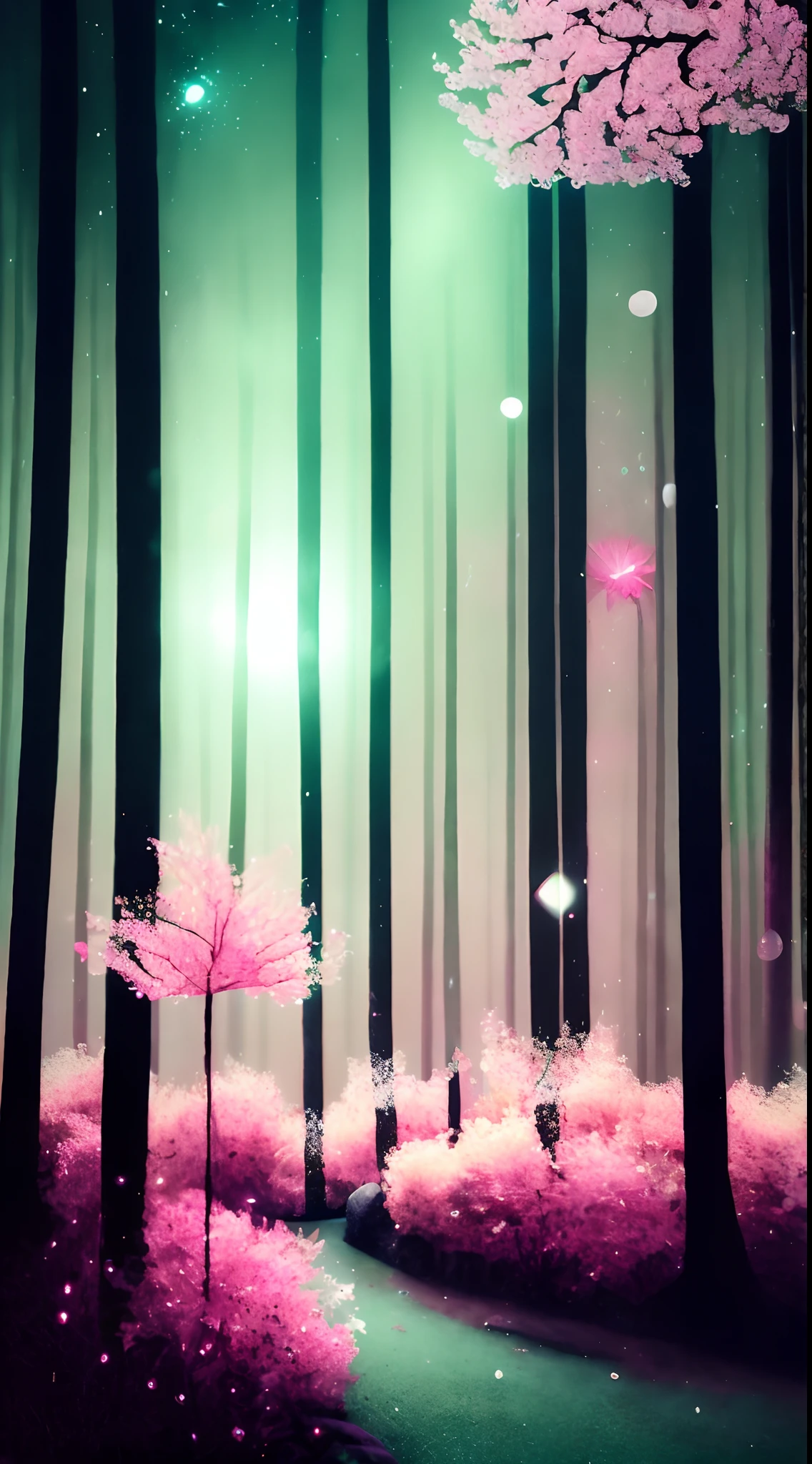 Alessandro Gotado, Cherry blossom forest，pink hues，Astral magic elements，rays of moonlight，A collision of light and shadow，From unknown crystals，Crystal focus，Green glow，Crystalline luminescence mineral luminescence