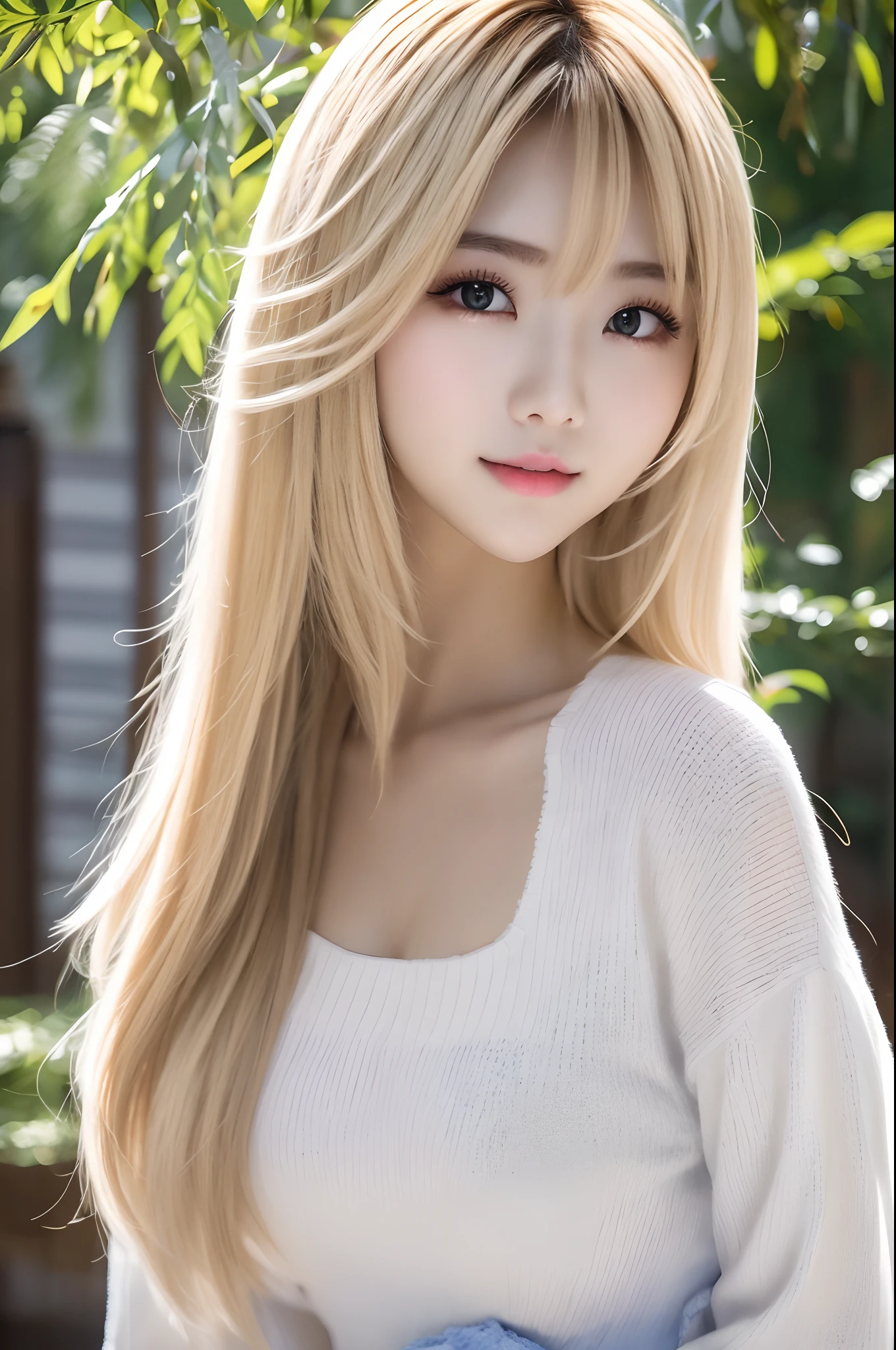 1 girl、((Sweater that kills virgins))、blue-sky、Bright and very beautiful face、年轻, shiny white shiny skin、Best Looks、Blonde hair with dazzling light reflection、Beautiful blonde hair with glossy luster and super long silky straight hair、Long bangs、Extraordinarily beautiful 20-year-old、Big eyes that shine crystal clear light blue、Beautiful lovely beautiful girl