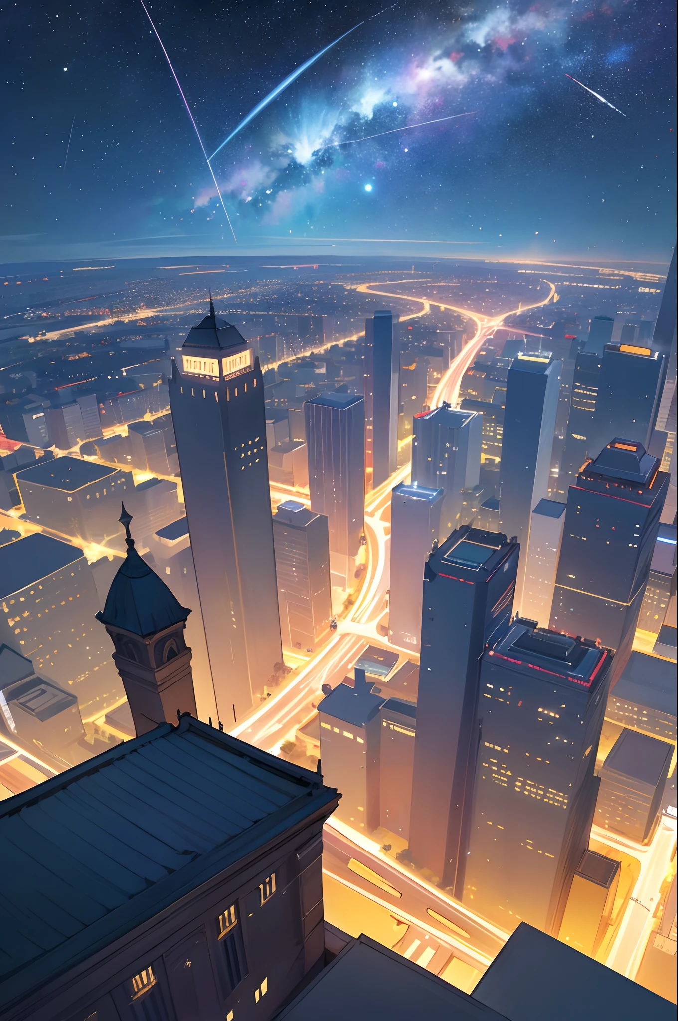 Shooting star, starry sky, bustling city, looking down on the city in the sky, God's perspective, visual shock, top quality, best quality, 8K, best quality, best light and shadow detail, best architectural detail, movie quality, rich picture story --auto