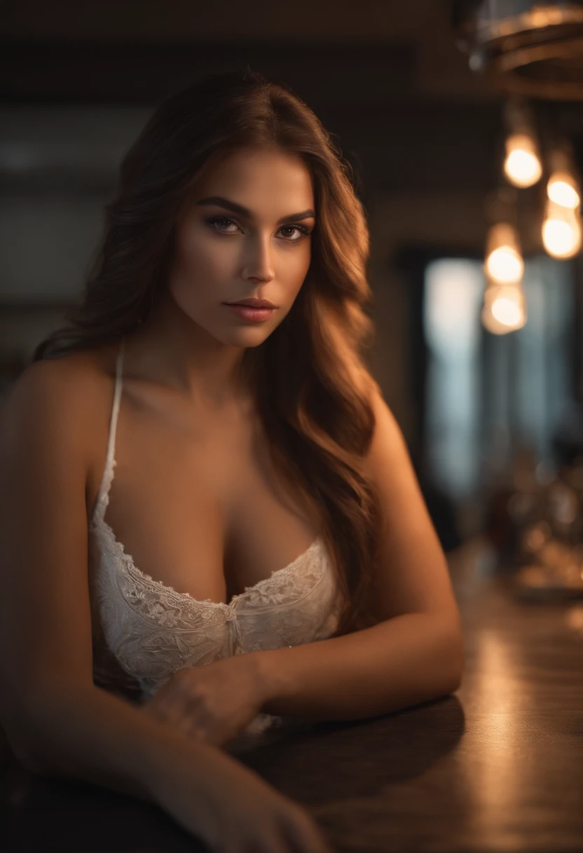 photography of a stunning girl, long hair on one side, heavy bust 36DD, looking away from the camera, symmetrical eyes, symmetrical face, photorealistic, photography, path tracing, specular lighting, volumetric face light, path traced hair, visible shadows, intricate, elaborate, in the kitchen, in comfy clothes, relaxing