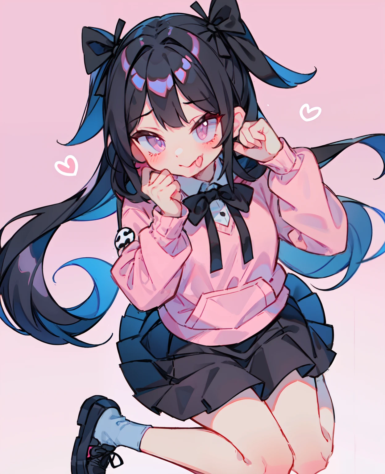 Long black hair, Pink Inner, Twin-tailed, White blouses, Skirt with black ruffles, a black ribbon, pink hoodie, Raw feet, Black shoes, Tongue licking,