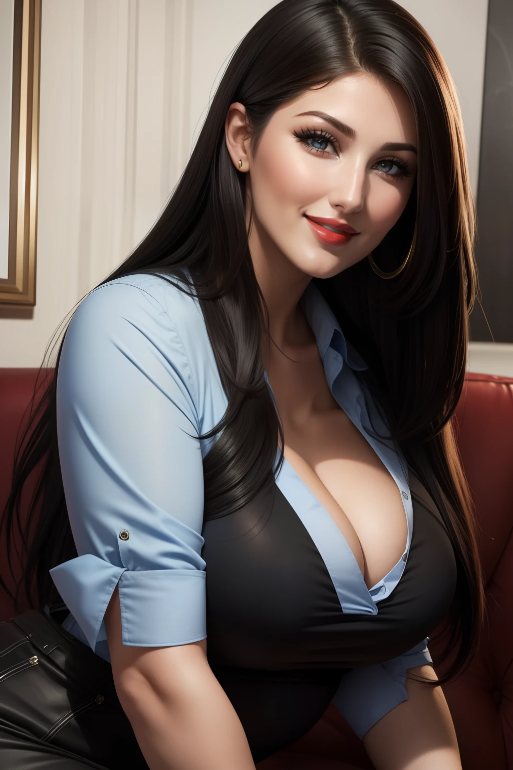 lucy pinder, face portrait, face, red lipstick, smiling, black hair, straight hair, long hair, blue blouse, chubby woman.