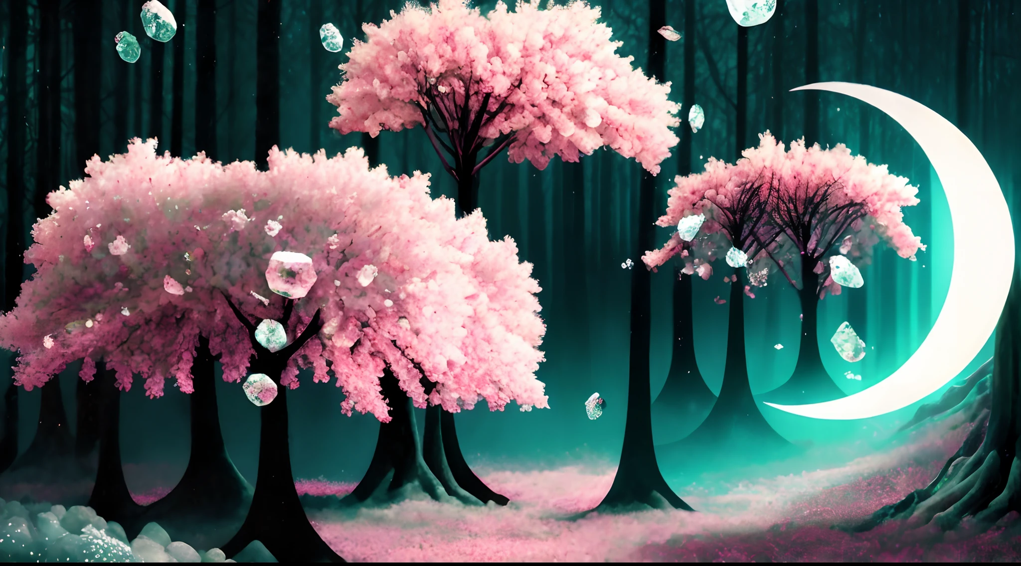 Alessandro Gotado, Cherry blossom forest,pink hues,Astral magic elements,rays of moonlight,A collision of light and shadow,From unknown crystals,Crystal focus,Green glow,Crystalline luminescence mineral luminescence