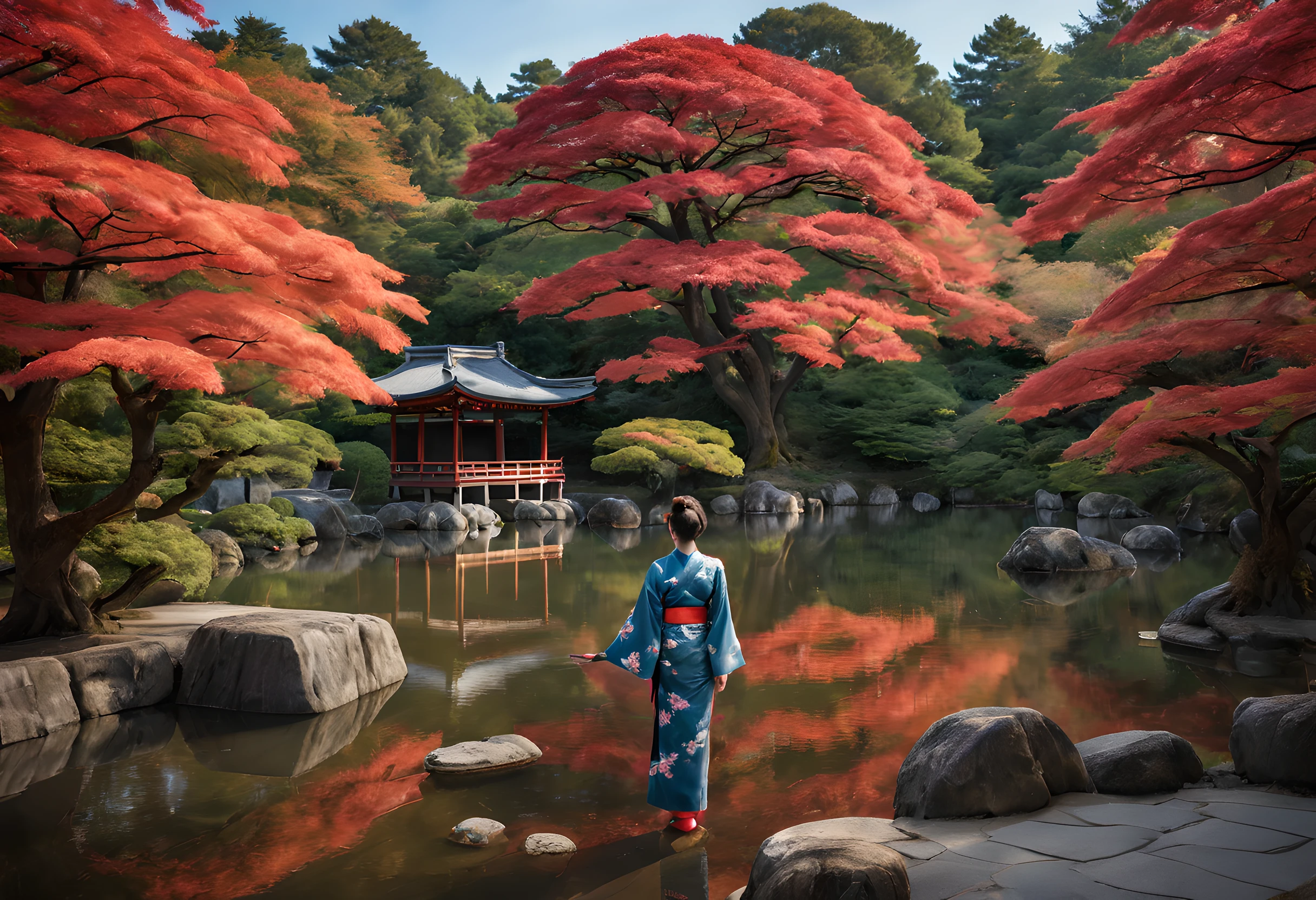 "Compose a serene and picturesque scene in the Botan Garden at Nanzen-ji Temple, Kyoto. The vivid hues of autumn maple leaves are reflected in the tranquil pond, creating a mesmerizing symphony of reds and oranges. In the foreground, a Japanese woman in her 40s, gracefully dressed in a traditional kimono, stands by the water's edge. She exudes an ethereal beauty that captures the essence of the season.
The woman gazes thoughtfully at the vibrant maple leaves, her eyes reflecting the serenity of the surroundings. Her kimono features intricate patterns that complement the autumn colors, adding to her elegance.
The garden, meticulously landscaped, provides a harmonious backdrop. Stone lanterns line the pathways, casting a soft glow as the daylight fades. Cherry blossom trees stand in quiet companionship with the maples, their branches adding delicate pink accents to the autumn palette.
The overall composition balances the woman's presence with the natural beauty of the garden. The image should evoke a sense of peace, serenity, and the timeless appreciation of nature's changing seasons. Ensure that the woman's beauty radiates through the scene, making her the focal point of this enchanting autumn tableau."