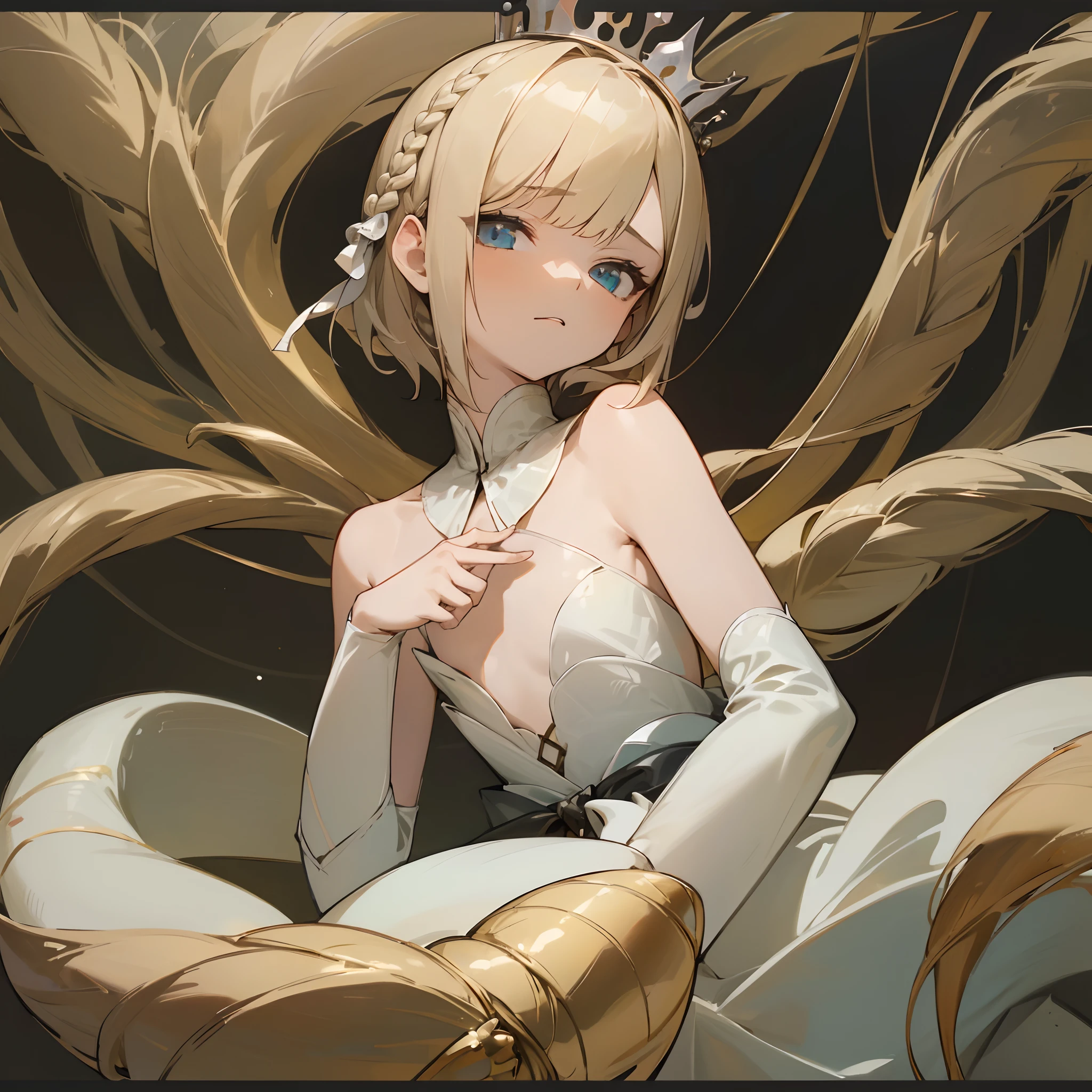 Reines, 1girl, high quality, best quality, illustration, masterpiece, (highly detailed:1.2), (extremely detailed:1.3), flat chest, sleeveless, bare shoulders, young girl, pajamas, transparent, looking at viewers, shorts, white, string ribbon, crown braid, petite, short hair
