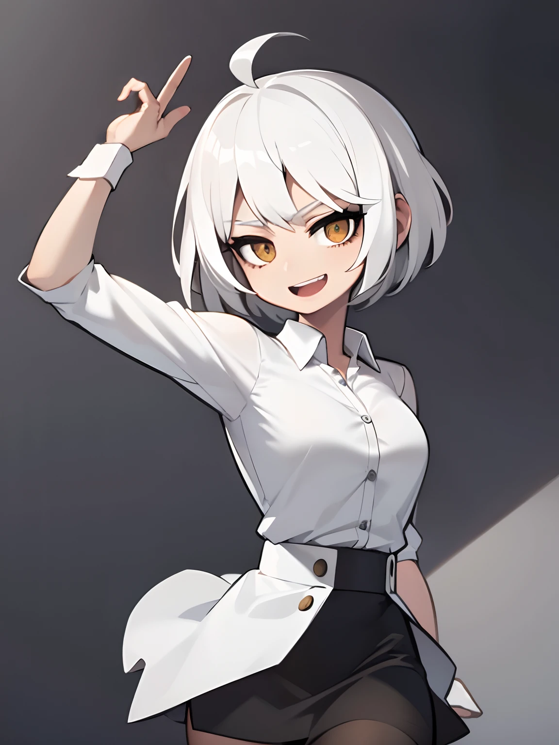 ((masterpiece, best quality)), (1girl), (solo), (female focus), (ahoge, white hair, short hair), black eyes, light smile, open mouth, ((white shirt), (unbuttoned shirt), (button gap)), ((black skirt), (short skirt)), standing, white background, arms behind back, dynamic angle