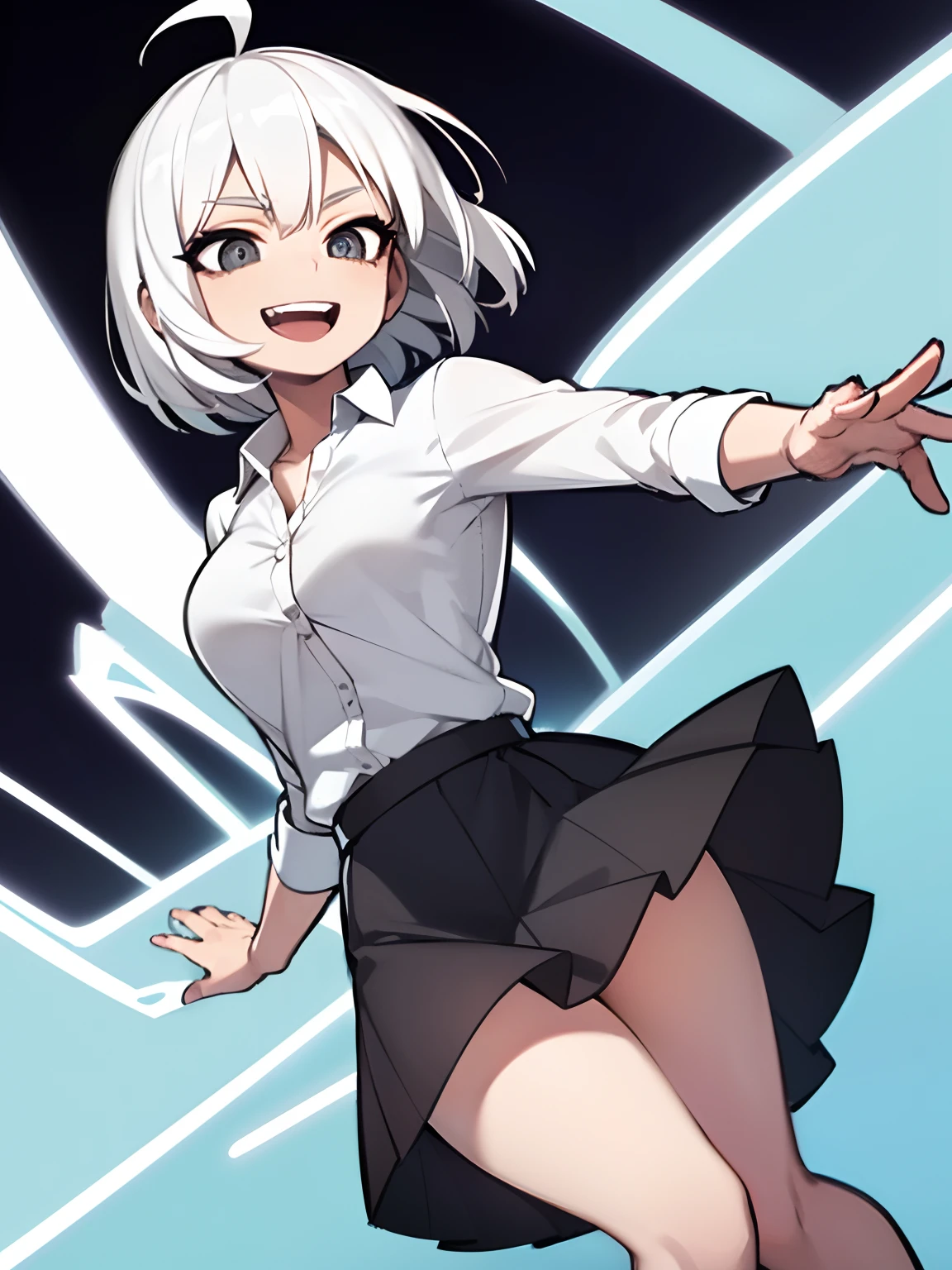 ((masterpiece, best quality)), (1girl), (solo), (female focus), (ahoge, white hair, short hair), black eyes, light smile, open mouth, ((white shirt), (unbuttoned shirt), (button gap)), ((black skirt), (short skirt)), standing, white background, arms behind back, dynamic angle