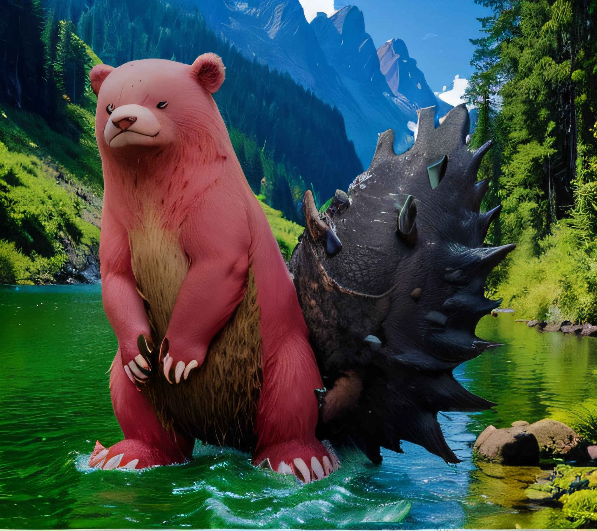 photograph of a happy flat faced real pink bear being bitten by an angry shell animal, river, National Geographic, Sony 7A