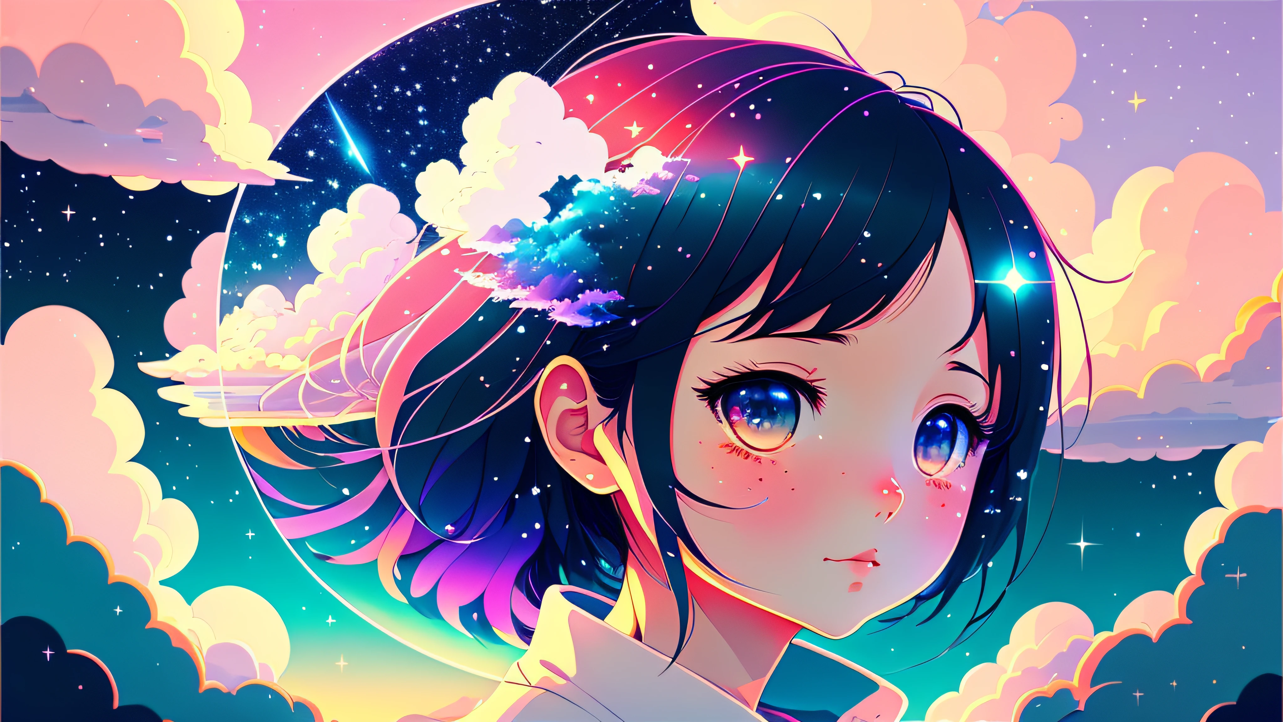 1 girl, eye, close up, beautiful night sky, meteor shower, beyond the clouds, water surrounded, reflections, wide angels, breathtaking clouds, wide angle, by makoto shinkai, thomas kinkade, james gilleard, by holosomnialandscape, hdr, volumetric lighting, ray tracing, an intricate, high details, very detailed, deviantart, 4k vertical wallpaper,
colorful, airy, anime illustration, anime nature wallpaper