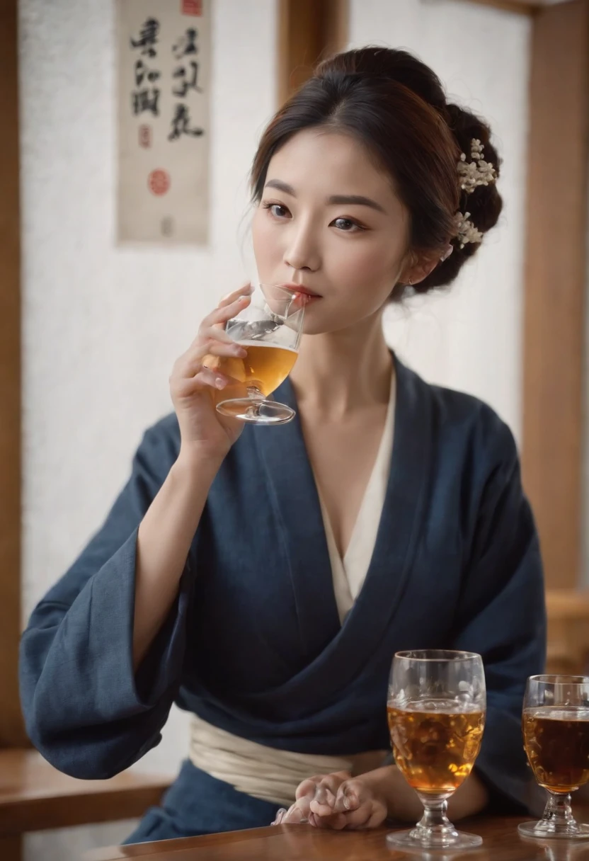 Best Quality, style of hokusai, ukiyoe painting, Woman drinking alcohol,Modern style