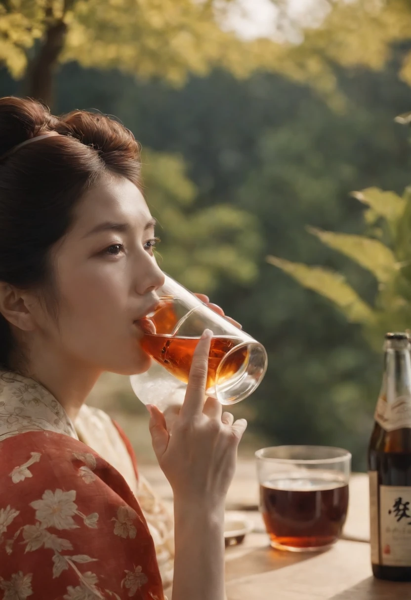 Best Quality, style of hokusai, ukiyoe painting, Woman drinking alcohol,Modern style