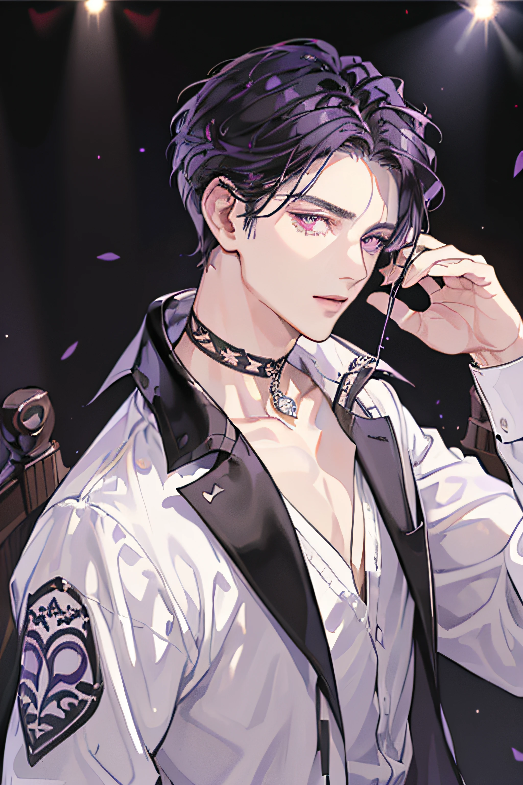 Masterpiece,Exquisite facial details,Exquisite eye details, Best quality, ,1 man, Headsets,singers,cool guy,Medium-long black hair,Dashing,choker necklace,Purple pick dye,comma hair,Purple eye,Forehead comma hair,White shirt,Black leather coat,On stage,Shiny,Look at the stage,full bodyesbian