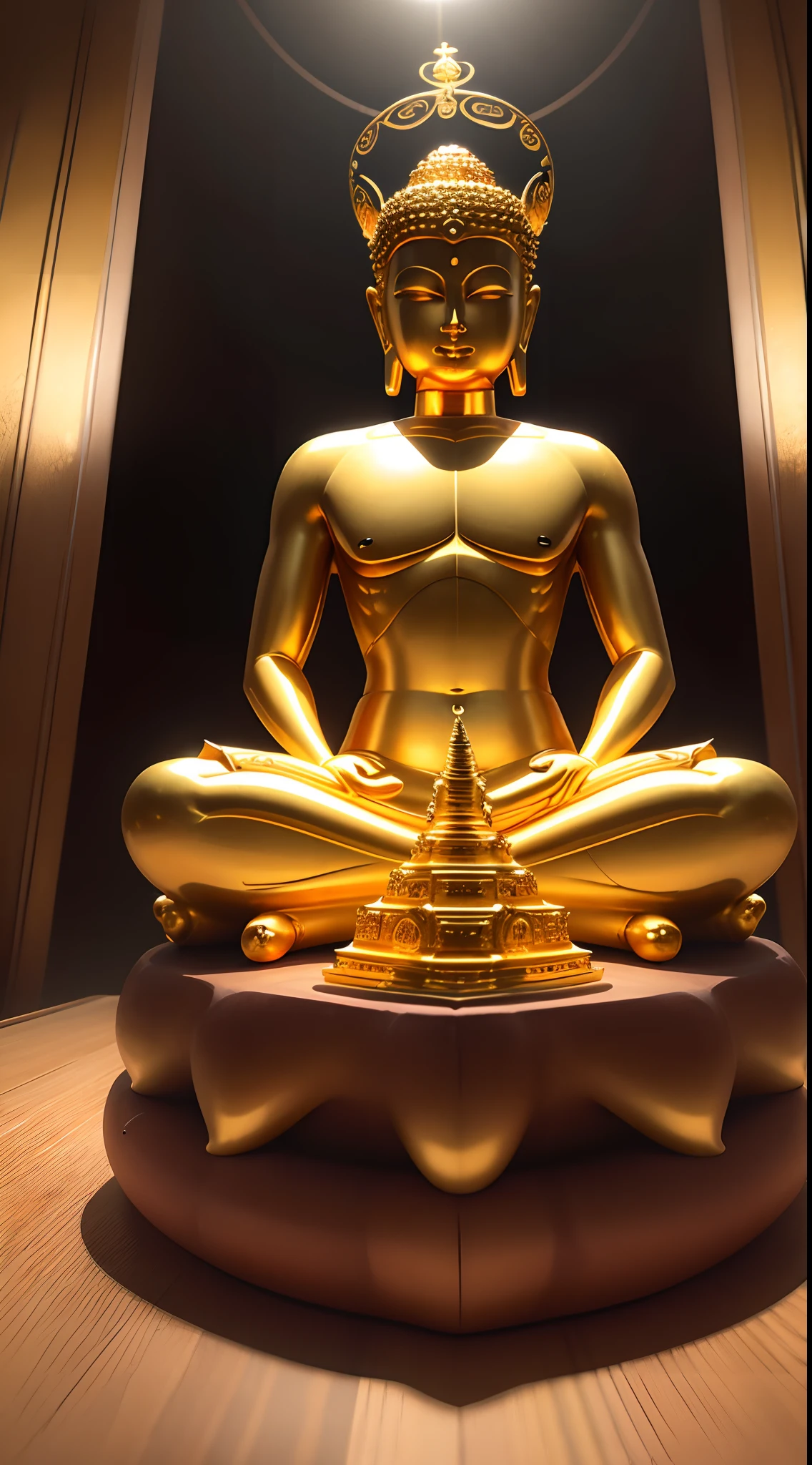 masutepiece, Best Quality, hight resolution,Fantastic,Upper body,frontal face, front face, front view,bilaterally symmetrical,Beautiful golden Buddha statue,Buddha statues in Thailand,benzaiten,daikokuten,Realistic Buddha sculpture, Bald, Glowing background,Glowing rear wheel,Halo,golden colors,sacredness