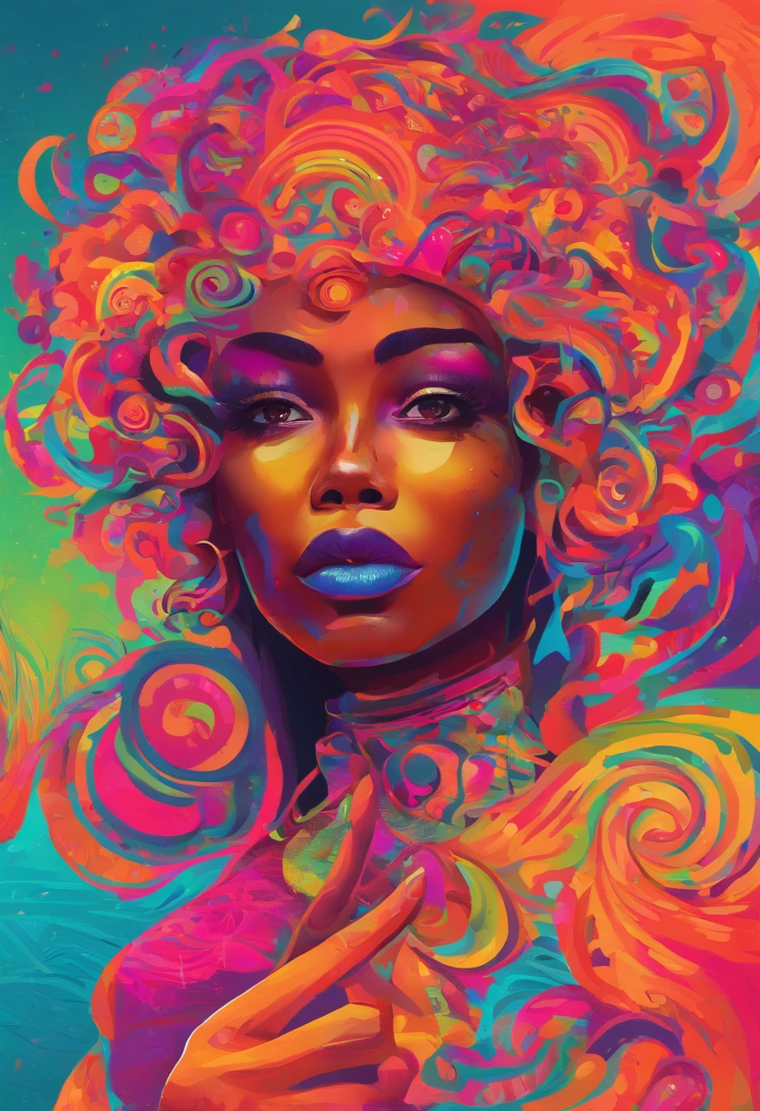 uma mulher negra com uma maquiagem neon e cocar , arte transgressora, foco nítido, 8 mil, octan render , cores saturadas, pastels colors