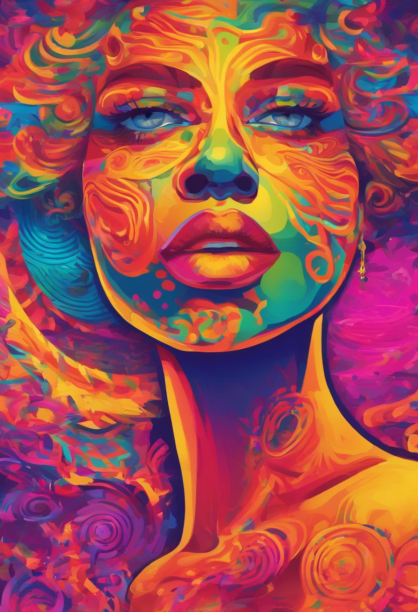 uma mulher negra com uma maquiagem neon e cocar , arte transgressora, foco nítido, 8 mil, octan render , cores saturadas, pastels colors