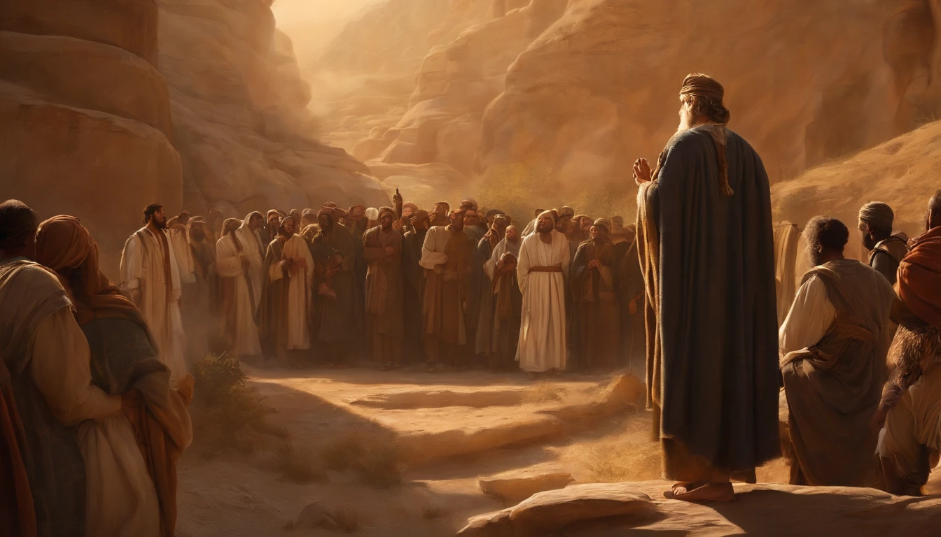 Jeremiah calls the Israelites to repentance, The Cry of the Prophet,Gatherings with large numbers of people, papyrus,Weathered parchment,Old gowns,,History reference,High-quality artwork and details,Realistic portrait style,Subtle color palette,vibrant background,natural textures,Deep Shadows,Subtle highlights,Historical accuracy,meticulous attention to detail,Emotional depth and intensity,Authentic Representation,Thought-provoking,Spiritual atmosphere,A Sense of Ancient Wisdom,Profound impact