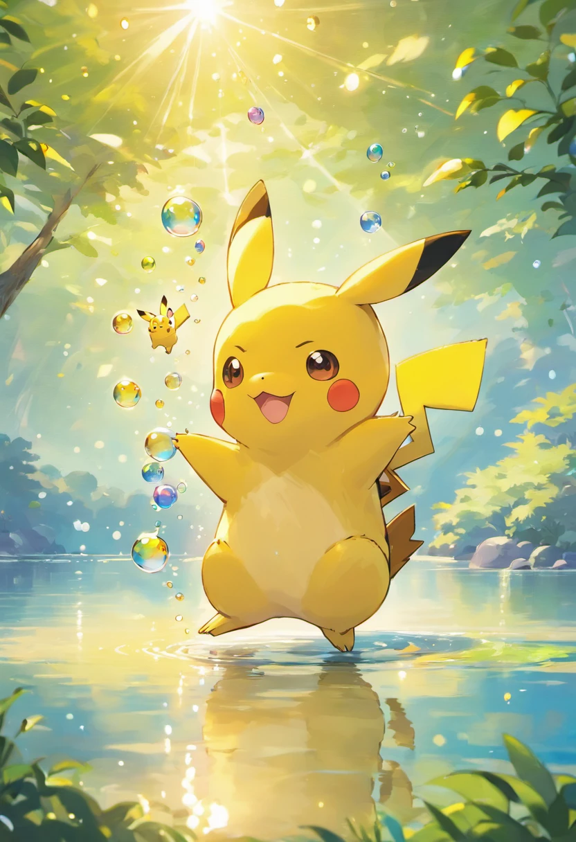 A touching scene in ultra-high definition 3D showcasing Pikachu making a wish beside a tranquil lake. Pikachu, beautifully rendered in detail, is seen gently blowing bubbles into the air, each one carrying a hopeful wish. The bubbles catch the reflection of the setting sun, creating a dreamy, magical effect. The overall atmosphere is tender, filled with hope and serenity