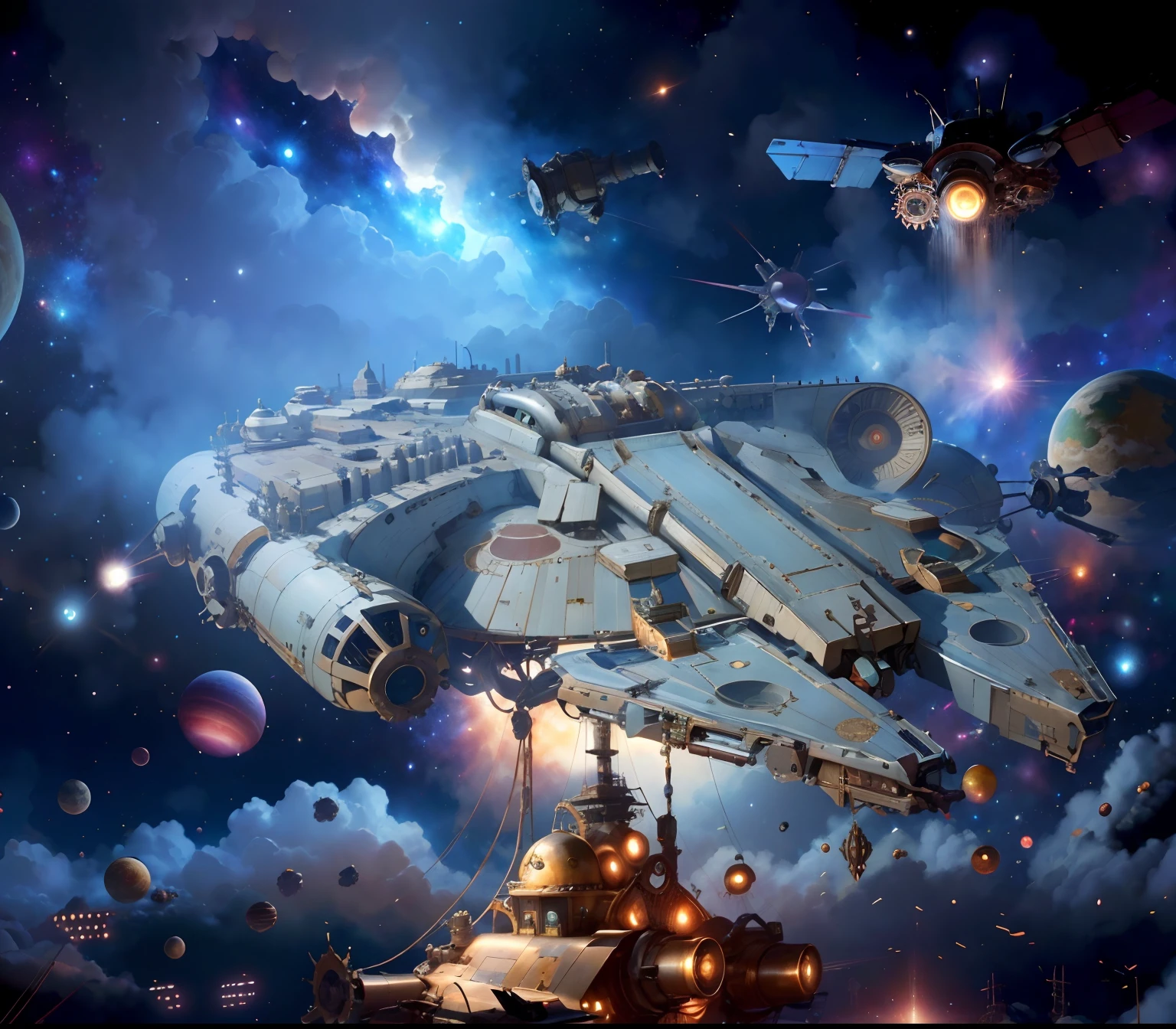 Steampunk AI , Cogpunk spacecraft in space, stellar, Masseur's peace, epic composition、Final Fantasy、enterprise、Nautilus