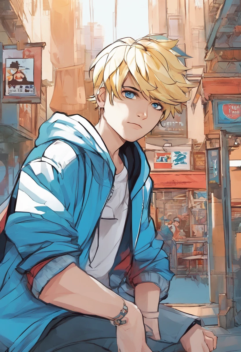white backgrounid、Black hoodie with blue line、blond boy