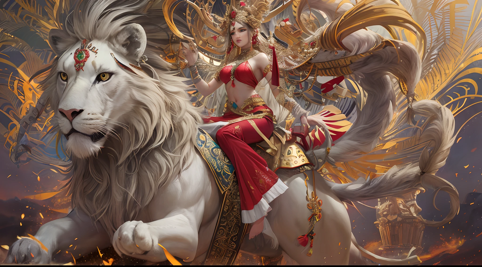 Full body, Indian Goddess Durga with 10 arms, riding a majestic lion, wearing red saree in indian attire, white lion racing atmosphere, realistic, 8k, detailed, 3D rendering, high-speed blur, Cinematic, crazy details, intricate details, details, well-developed concept, distinct personality, different style, --auto --s2