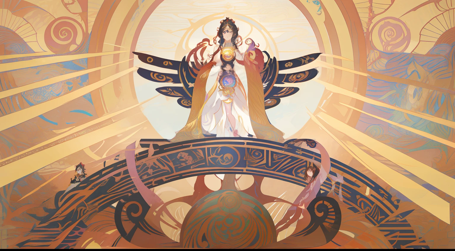 There are paintings of a man and a woman on stage, anime art nouveau cosmic display, anime art nouveau, korean art nouveau anime, high detailed official artwork, symetry!! concept-art, Official artwork, offcial art, Kushatt Krenz Key Art Women, Mucha. Art Nouveau. gloomhaven, Madoka Magica, brittney lee