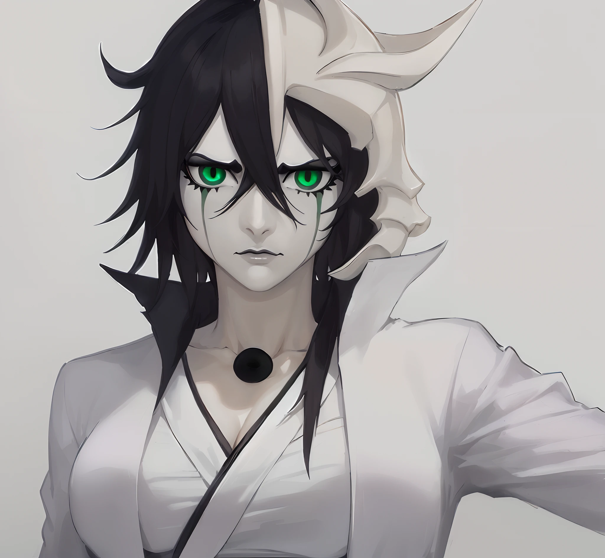 masterpiece, best quality, ulquiorra cifer, casual pose, deadpan expression, white background, calm face, neutral expression, looking ahead, black upper lip, no eyebrows, Arrancar clothing, white jacket, black sash, white hakama, jacket with long coattails, high collar, pure black hole on sternum