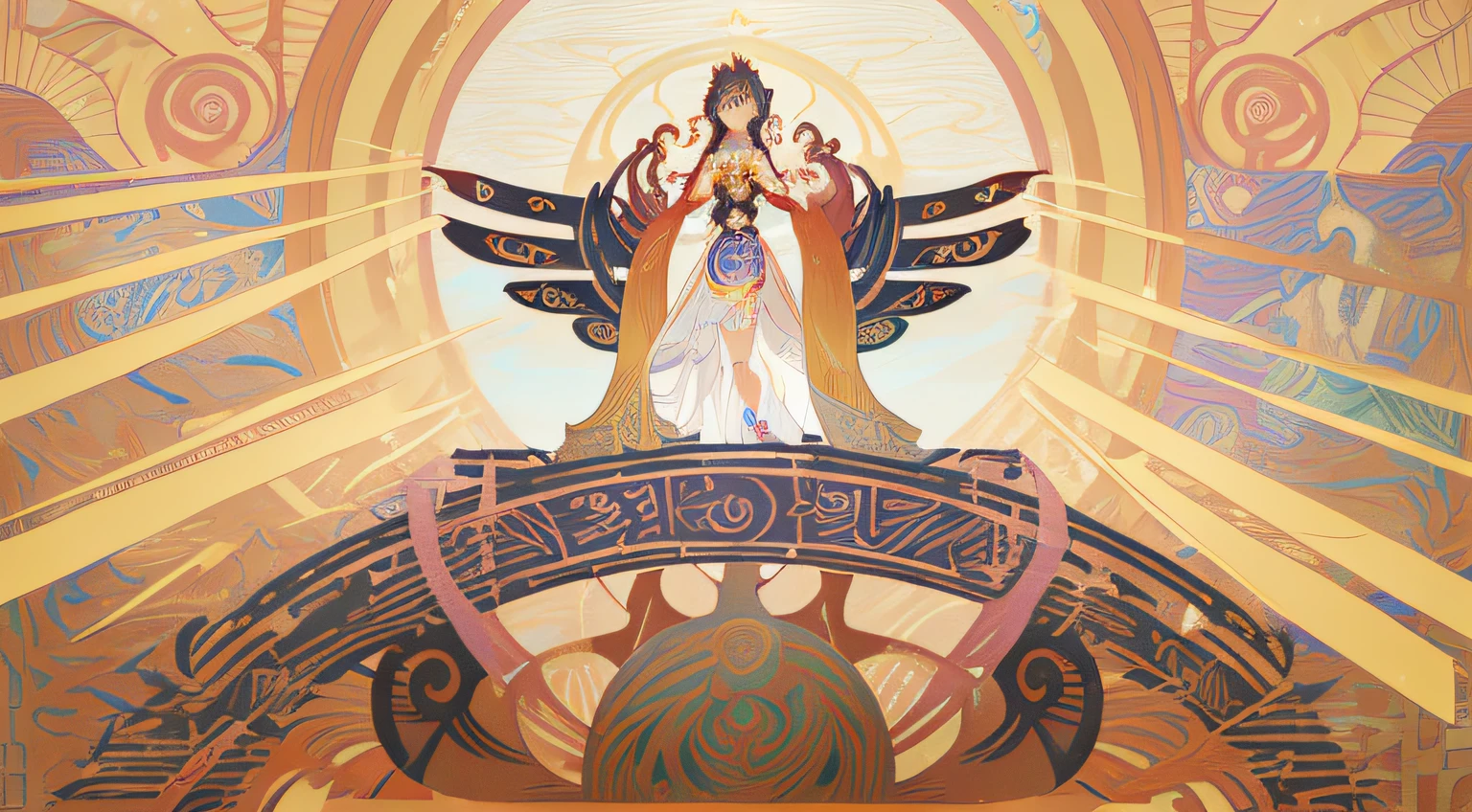 There are paintings of a man and a woman on stage, anime art nouveau cosmic display, anime art nouveau, korean art nouveau anime, high detailed official artwork, symetry!! concept-art, Official artwork, offcial art, Kushatt Krenz Key Art Women, Mucha. Art Nouveau. gloomhaven, Madoka Magica, brittney lee