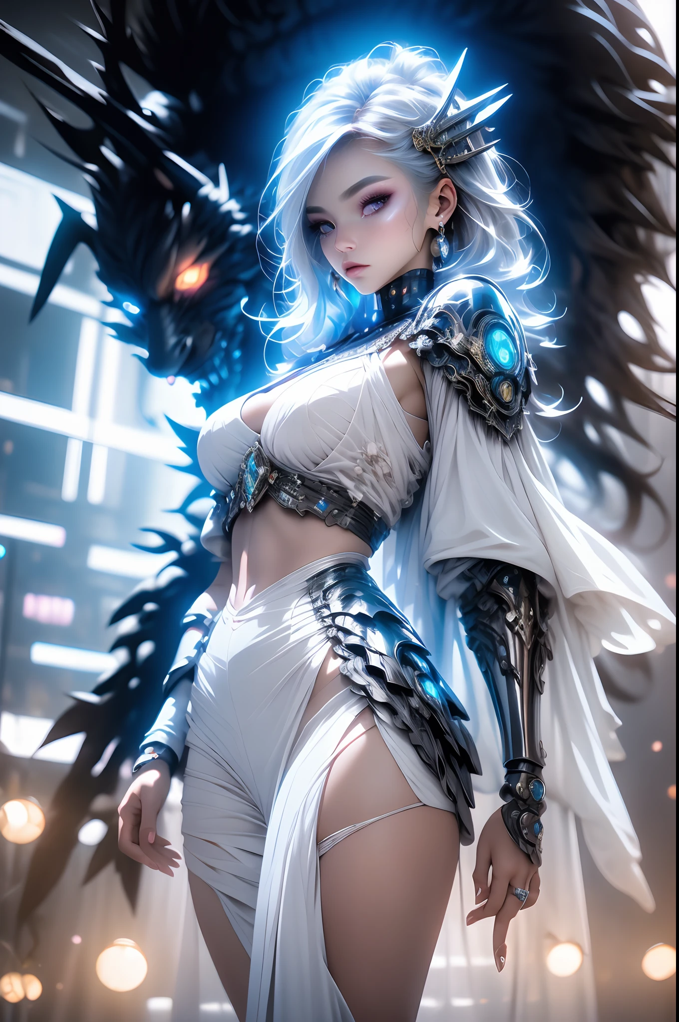 top-quality、masterpiece、超A high resolution、(Photorealsitic:1.4)、Raw photo、Battle Cyborg Angel、large wings made of metal、White porcelain body、Acrylic Clear Cover、white hair、glowy skin、1 Cyborg Girl、((super realistic details))、portlate、globalillumination、Shadow、octan render、8K、ultrasharp、character edge light,Colossal tits、Raw skin is exposed in cleavage、Details of complex ornaments、More about Rome、Hydraulic cylinder、Small LED lamp、highly intricate detail、Realistic light、a purple eye、radiant eyes、Facing the camera、neon details、cowboy shot、Futuristic headgear、About Cyberpunk
