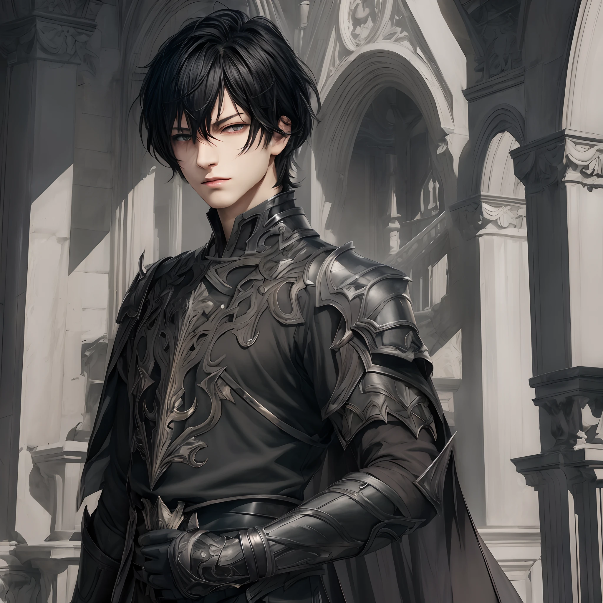 masterpiece, best quality, 1man, adult, male focus, solo, dark black hair, short hair, black eyes, looking at viewer, closed mouth, Fantasy aesthetics, Highly detailed, shadowverse style, black metallic armor, black clothing, high res