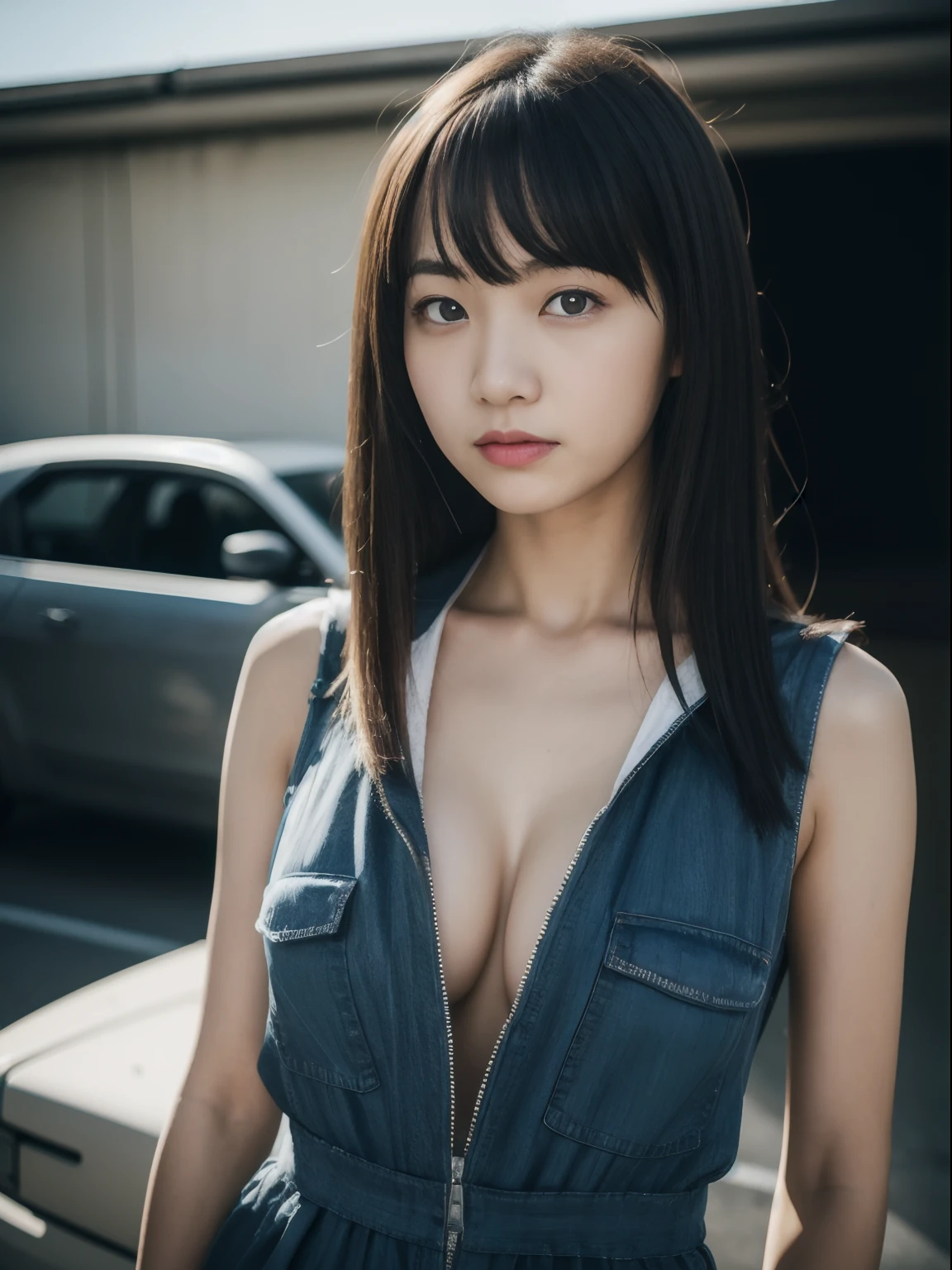 masterpiece,(best quality:1.3),ultra high res,raw photo,detailed skin,style: realistic pictures,
1 Japanese girl , (choibusu:0.3),17year old,black hair,brown eyes,large breasts,highly detailed,(she wears jumpsuit),breast out,chilly documentary film photography,car-garage,car behind her,covered in oil,whole body,emotional faces,half-smile,
